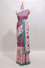 Onion pink checked birds & floral design chanderi cotton saree with contrast border and printed blouse