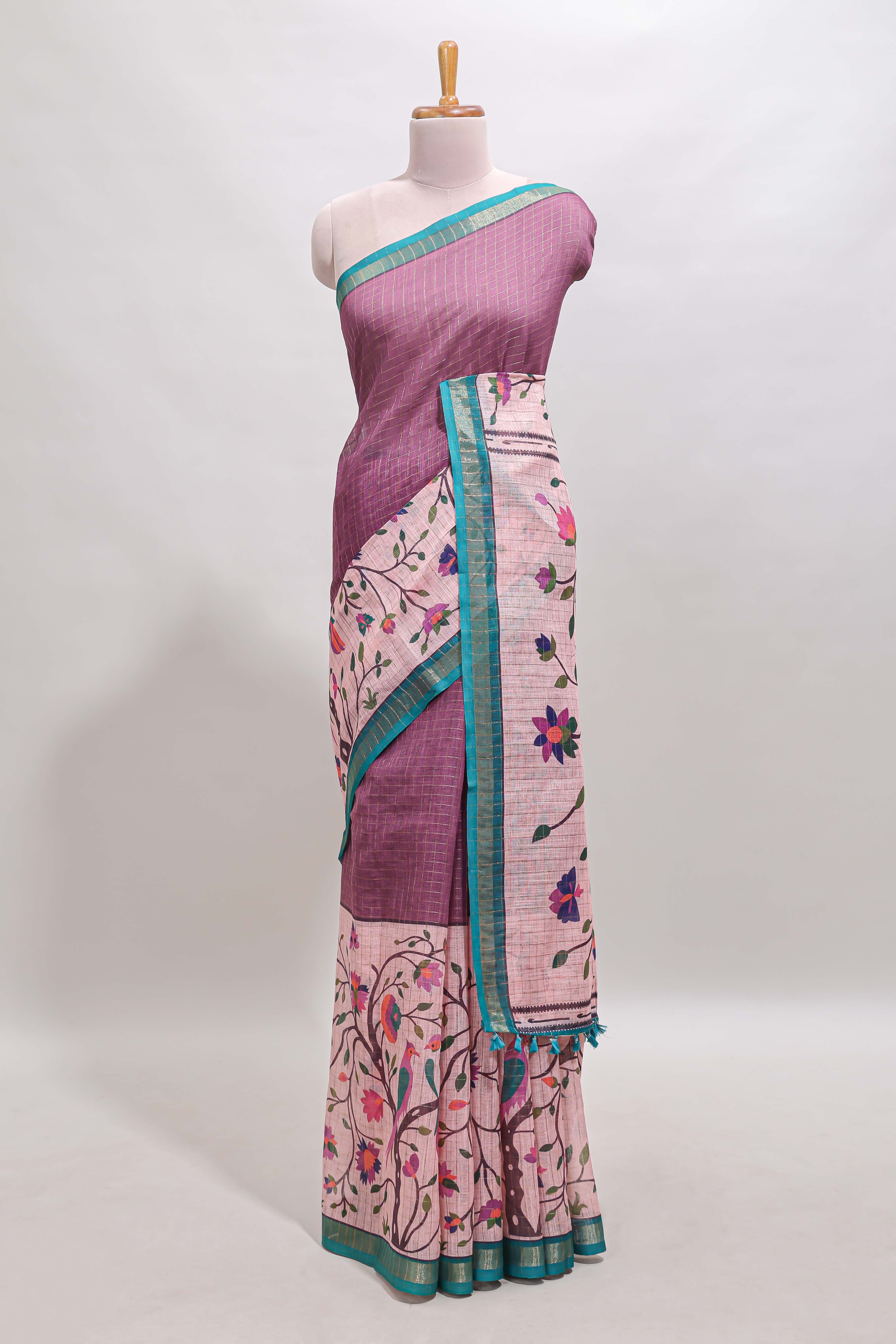 Onion pink checked birds & floral design chanderi cotton saree with contrast border and printed blouse