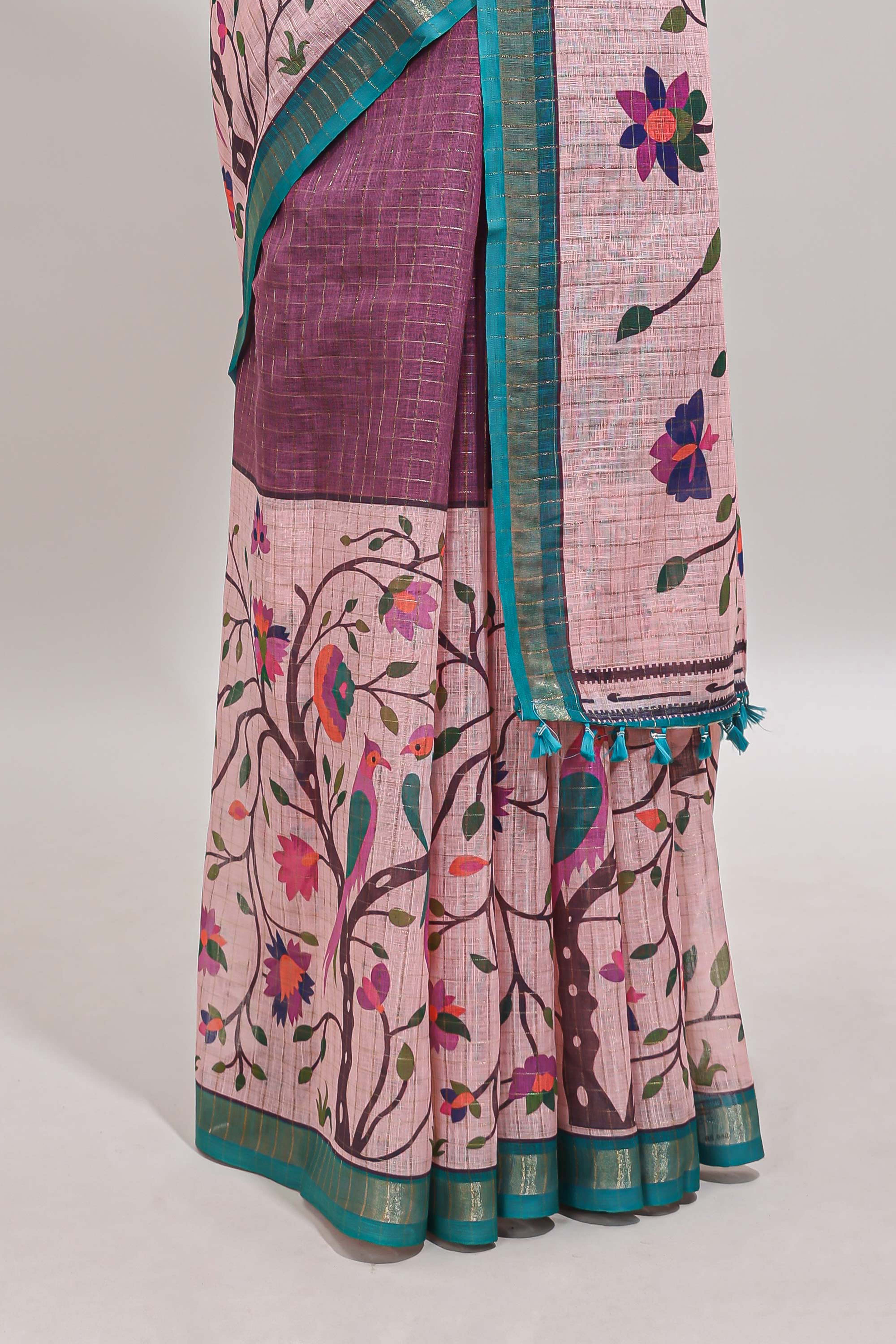 Onion pink checked birds & floral design chanderi cotton saree with contrast border and printed blouse