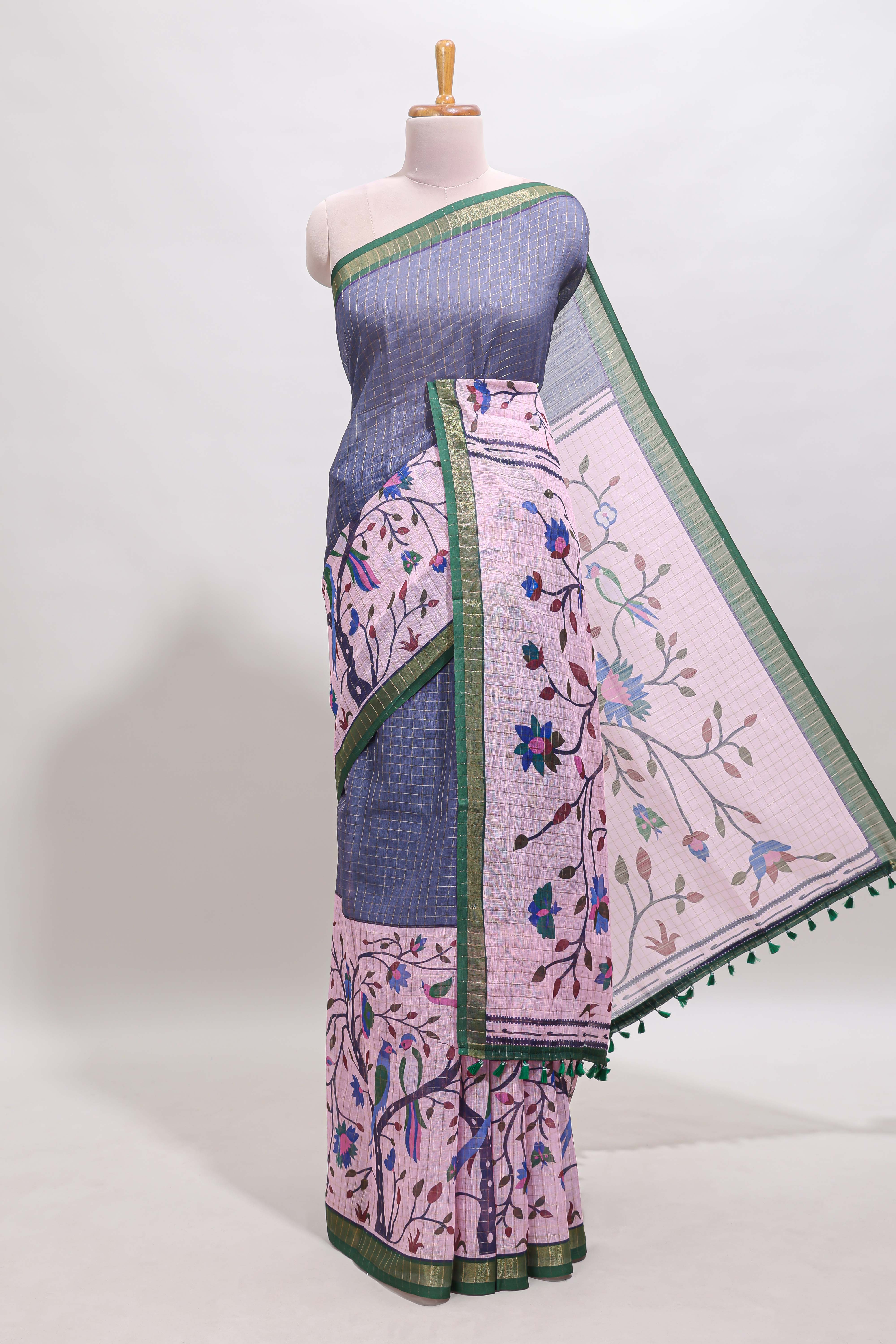 Lavender checked birds & floral design chanderi cotton saree with contrast border and printed blouse