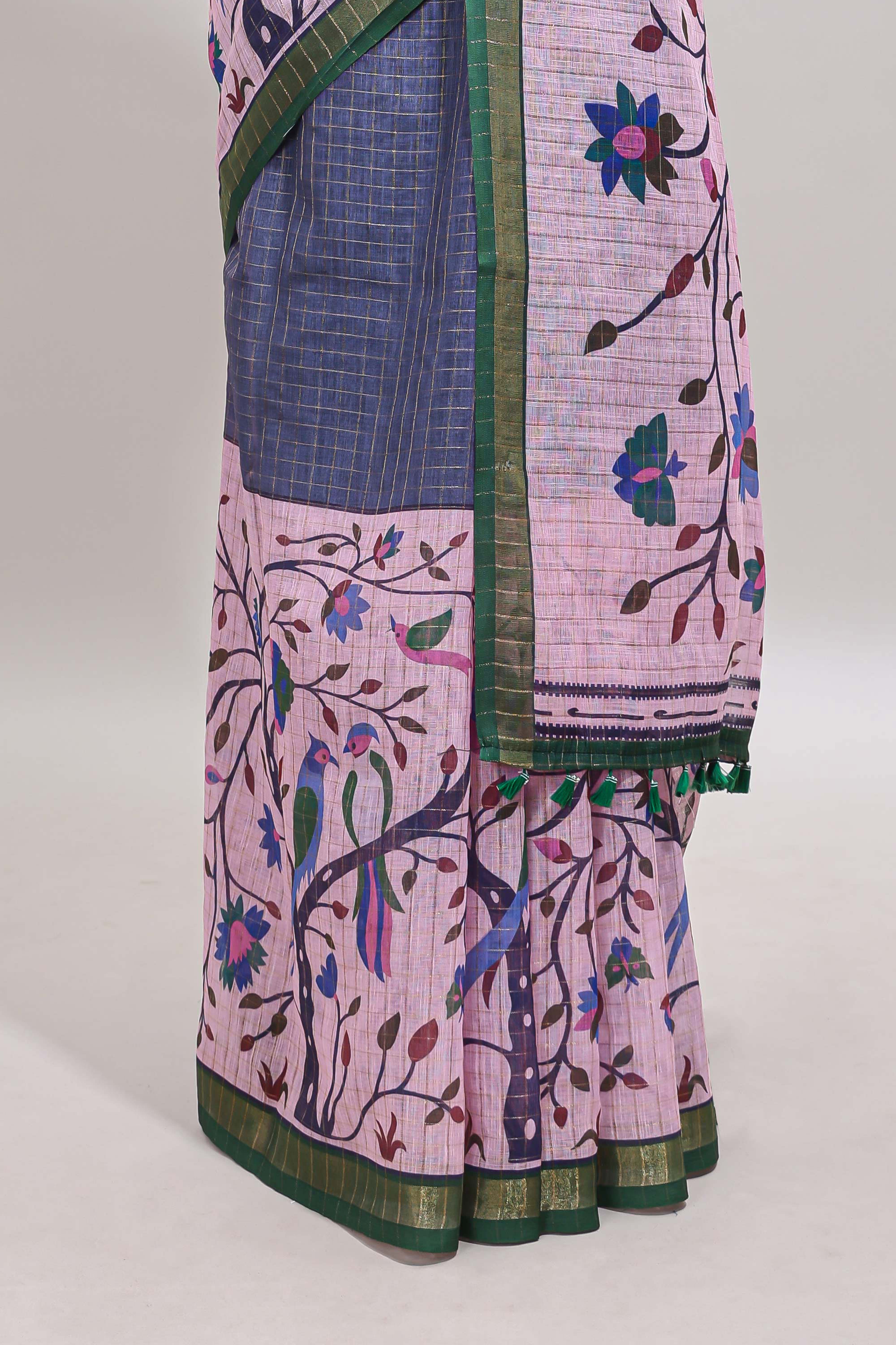 Lavender checked birds & floral design chanderi cotton saree with contrast border and printed blouse