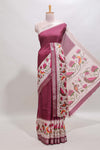 Maroon checked ikkat style birds & floral design chanderi cotton saree with self border and contrast blouse