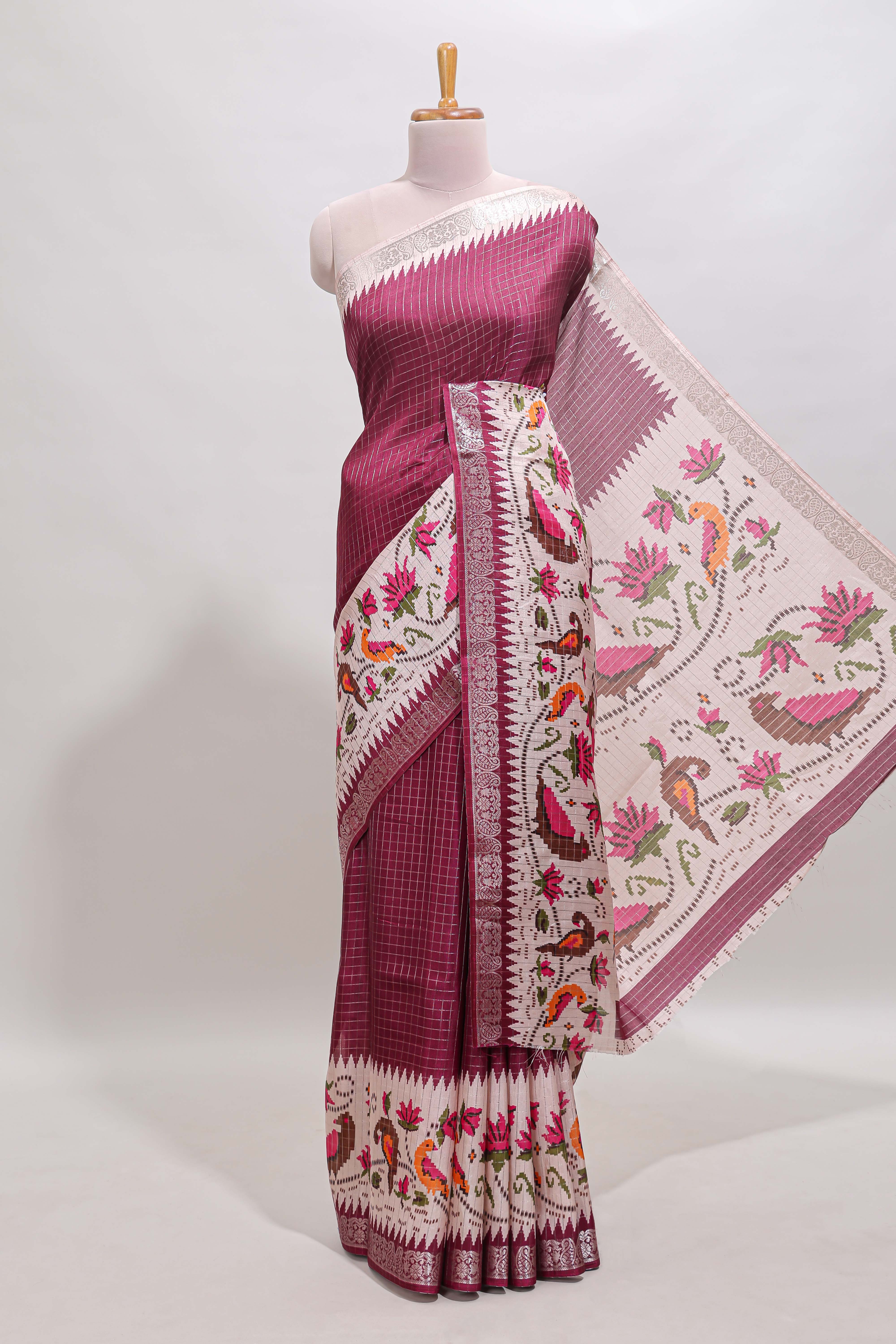 Maroon checked ikkat style birds & floral design chanderi cotton saree with self border and contrast blouse