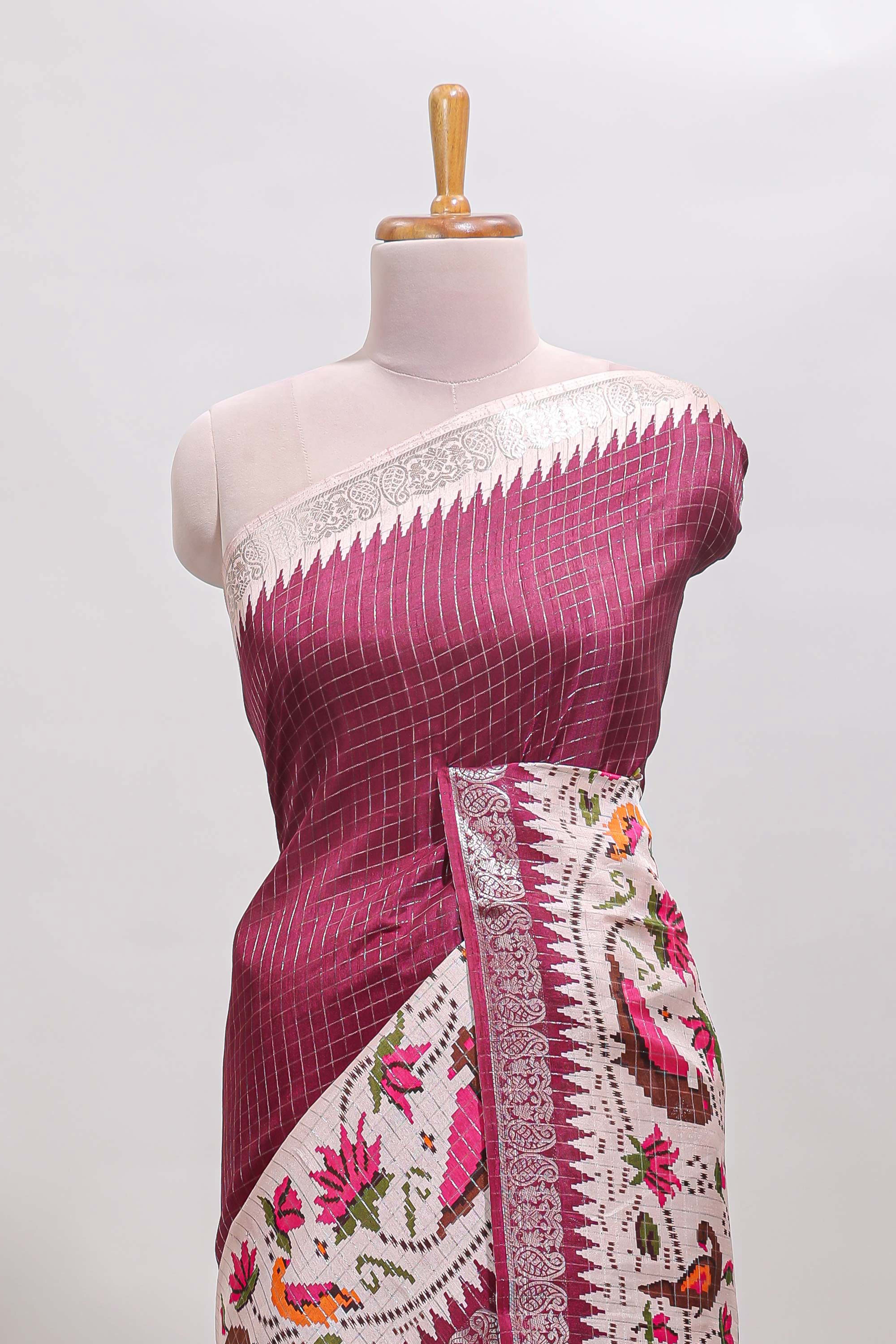 Maroon checked ikkat style birds & floral design chanderi cotton saree with self border and contrast blouse