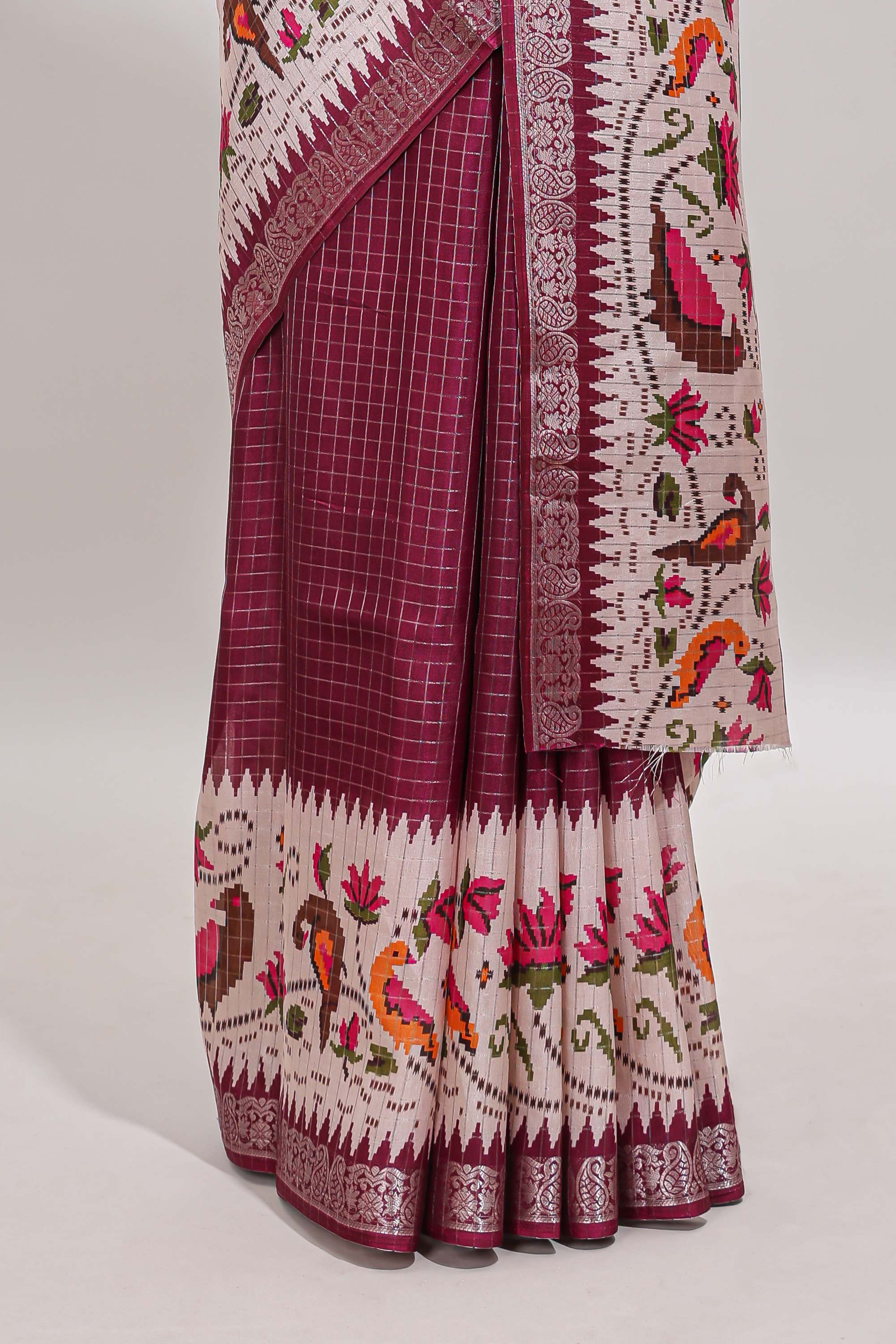 Maroon checked ikkat style birds & floral design chanderi cotton saree with self border and contrast blouse