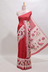 Red checked ikkat style birds & floral design chanderi cotton saree with self border and contrast blouse