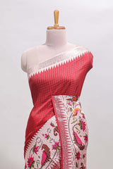 Red checked ikkat style birds & floral design chanderi cotton saree with self border and contrast blouse