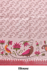 Red checked ikkat style birds & floral design chanderi cotton saree with self border and contrast blouse