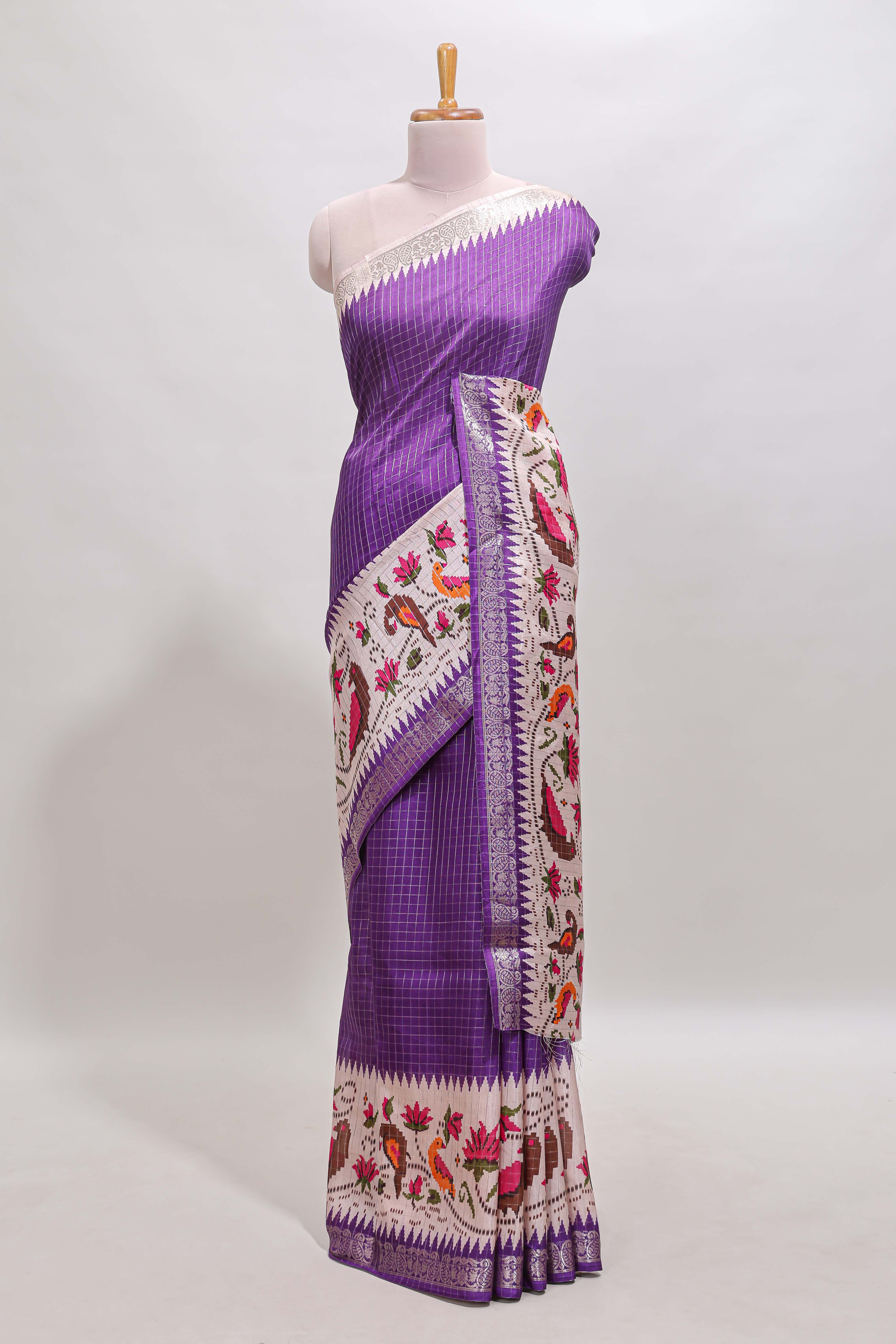 Violet checked ikkat style birds & floral design chanderi cotton saree with self border and contrast blouse