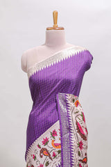 Violet checked ikkat style birds & floral design chanderi cotton saree with self border and contrast blouse