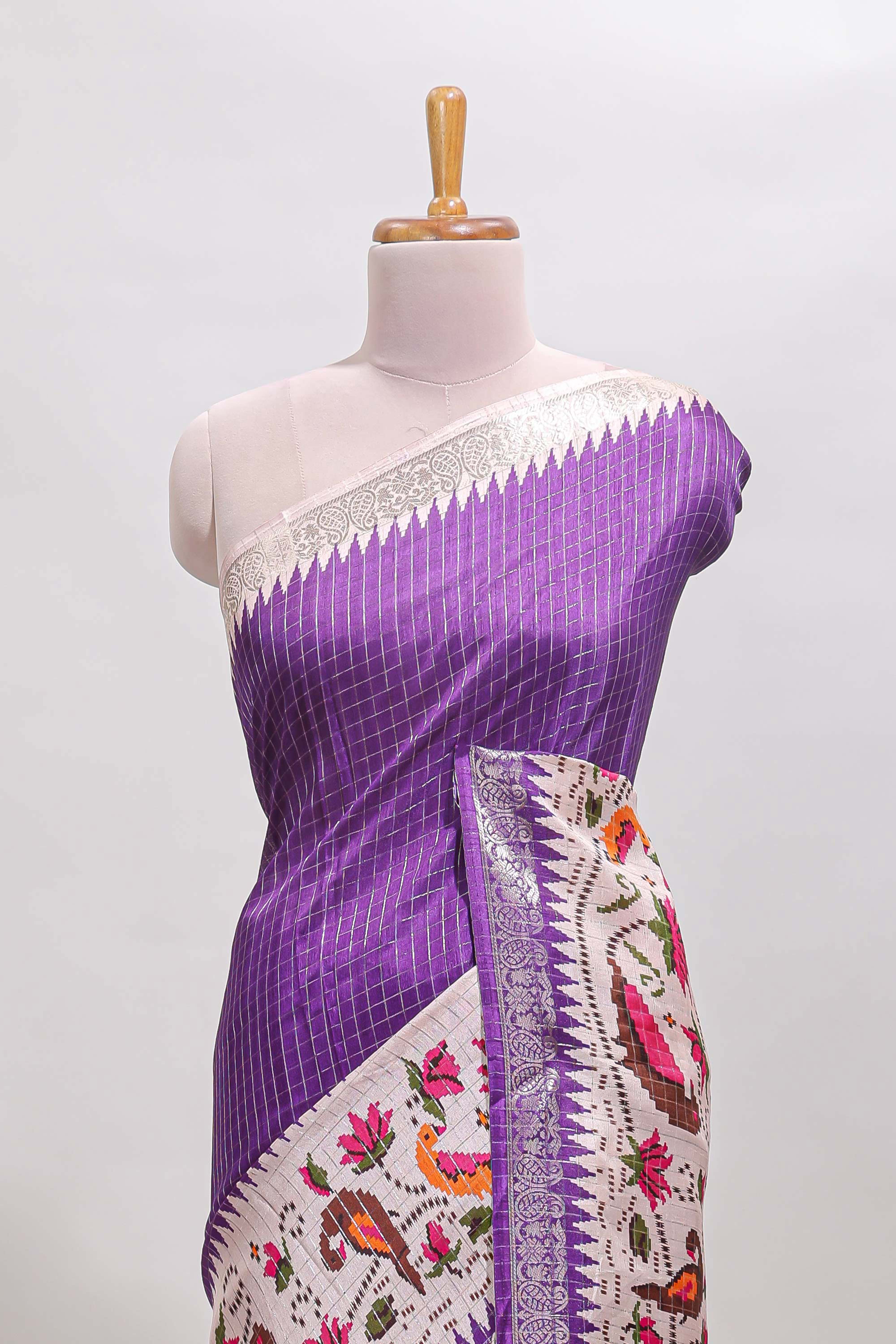 Violet checked ikkat style birds & floral design chanderi cotton saree with self border and contrast blouse