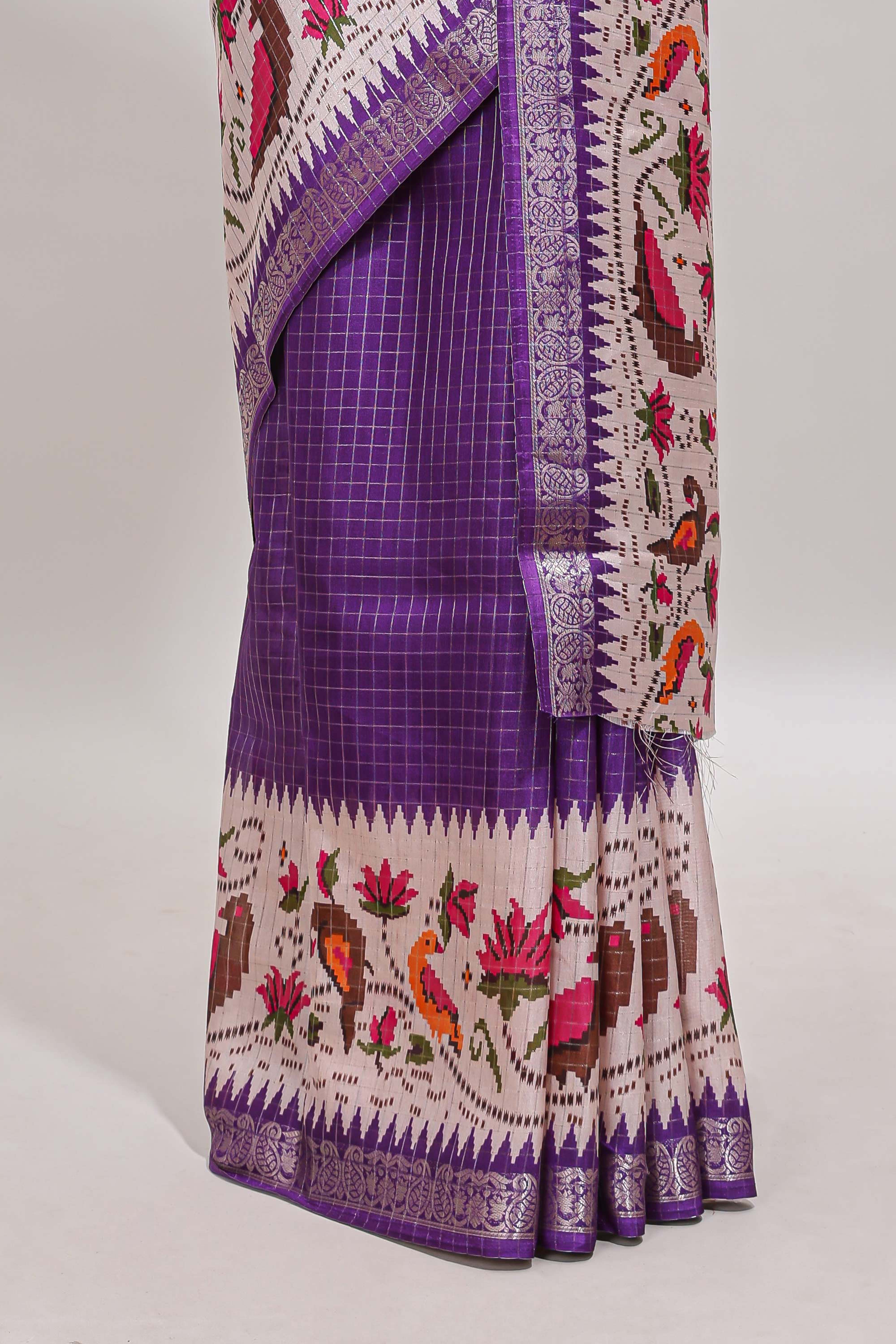 Violet checked ikkat style birds & floral design chanderi cotton saree with self border and contrast blouse