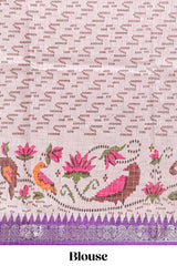 Violet checked ikkat style birds & floral design chanderi cotton saree with self border and contrast blouse