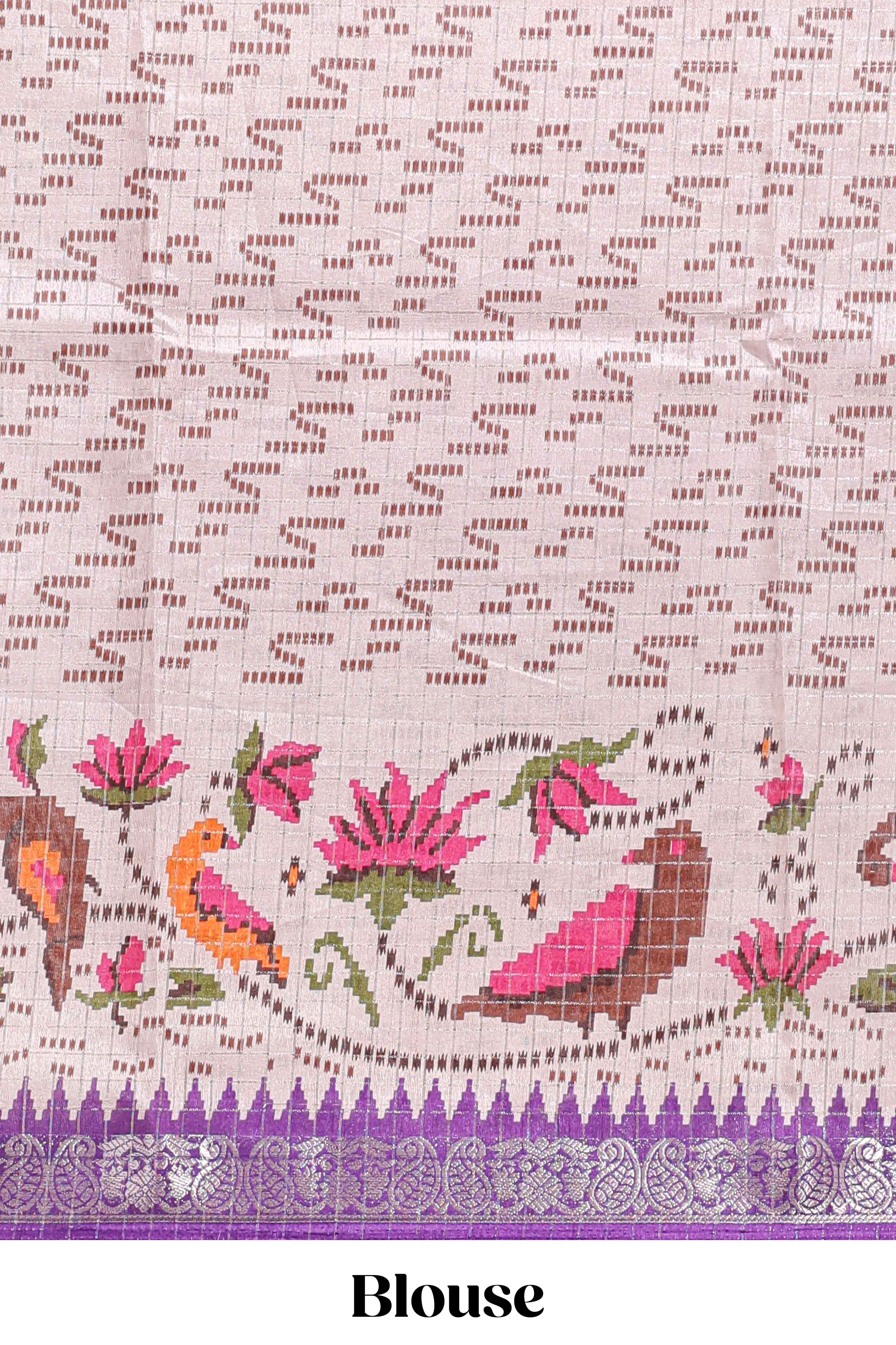 Violet checked ikkat style birds & floral design chanderi cotton saree with self border and contrast blouse