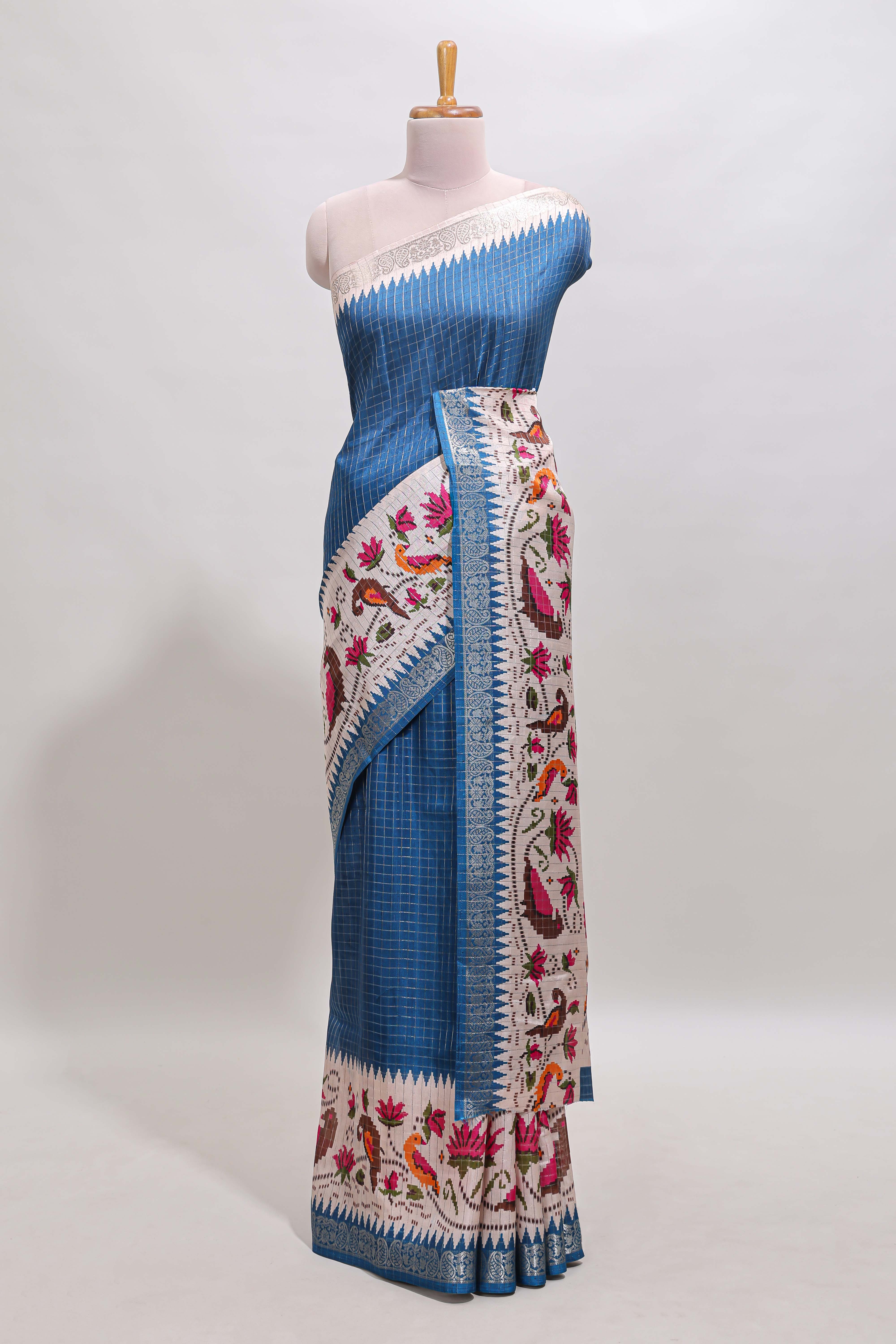 Midnight blue checked ikkat style birds & floral design chanderi cotton saree with self border and contrast blouse
