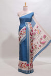 Midnight blue checked ikkat style birds & floral design chanderi cotton saree with self border and contrast blouse