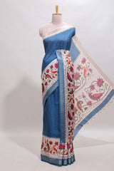 Midnight blue checked ikkat style birds & floral design chanderi cotton saree with self border and contrast blouse