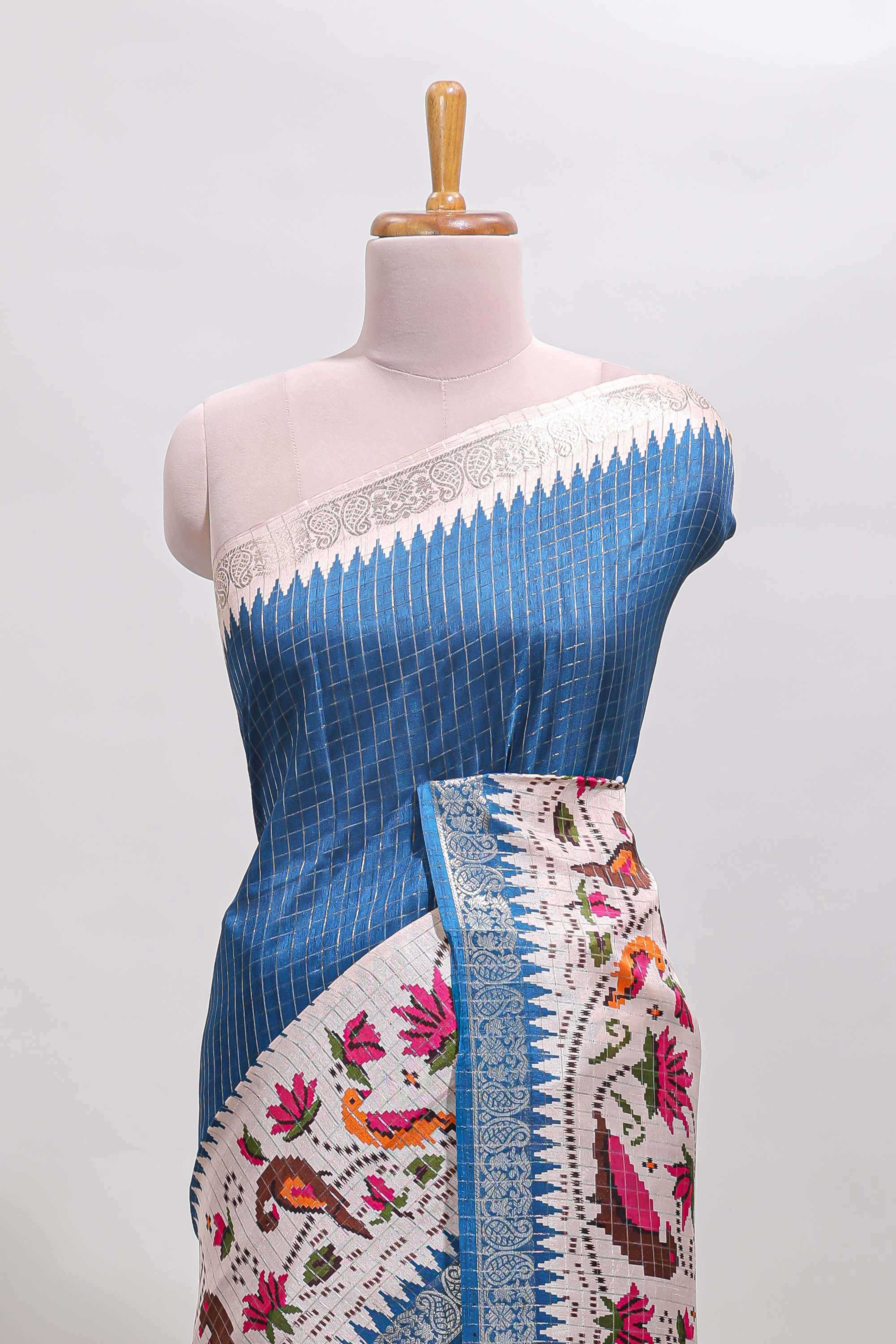 Midnight blue checked ikkat style birds & floral design chanderi cotton saree with self border and contrast blouse