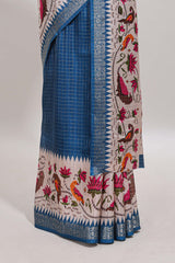 Midnight blue checked ikkat style birds & floral design chanderi cotton saree with self border and contrast blouse