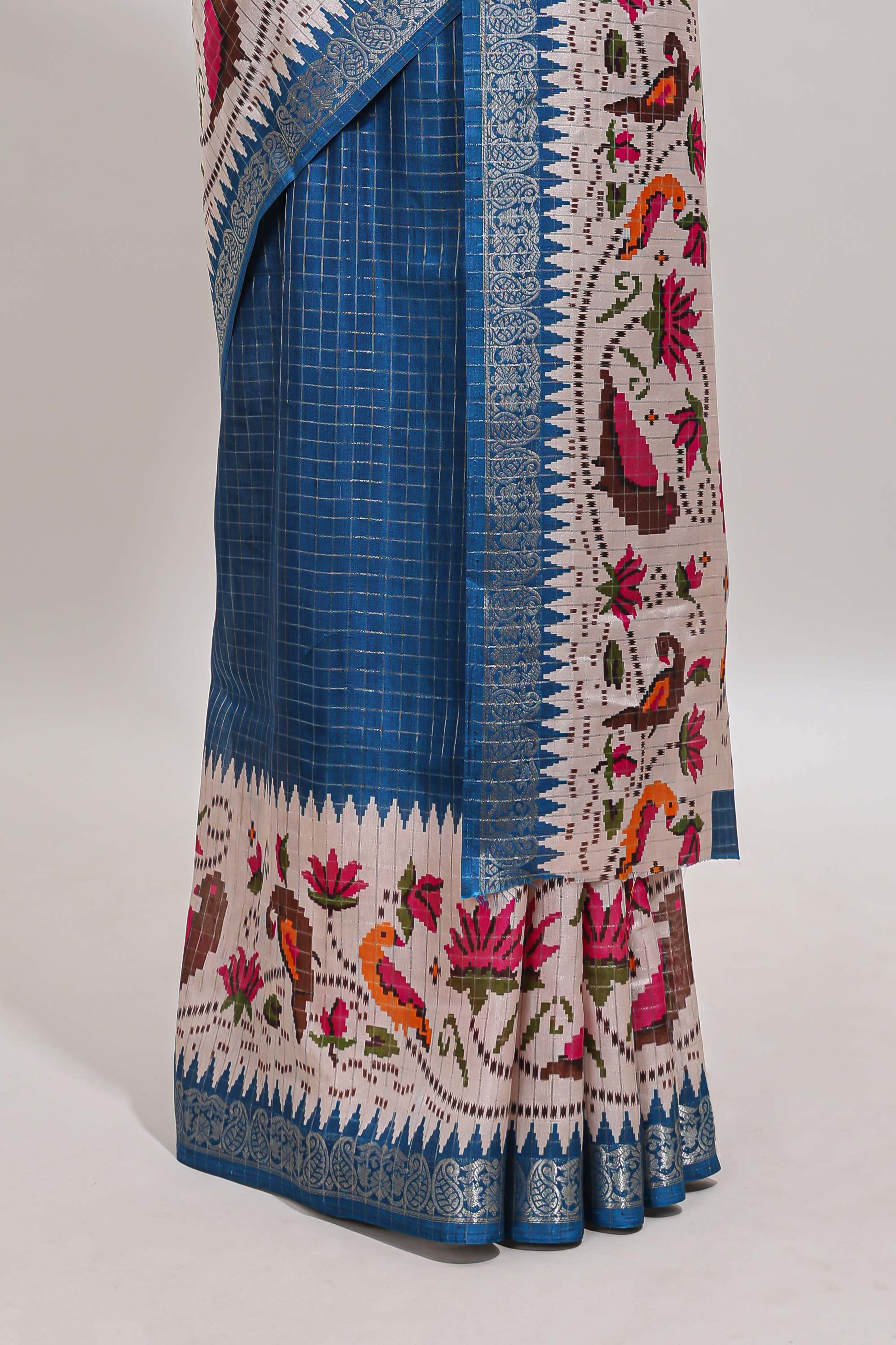 Midnight blue checked ikkat style birds & floral design chanderi cotton saree with self border and contrast blouse