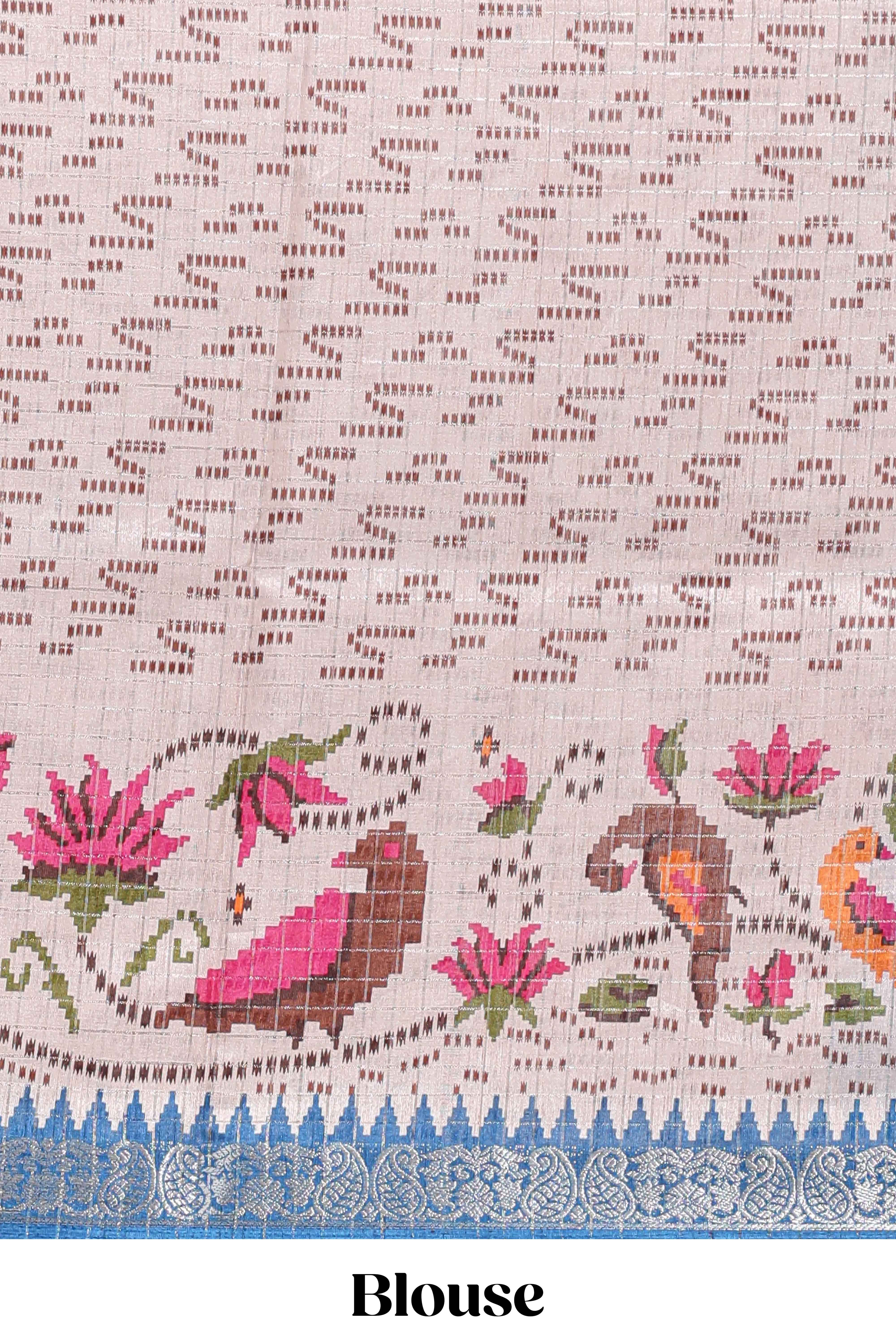 Midnight blue checked ikkat style birds & floral design chanderi cotton saree with self border and contrast blouse