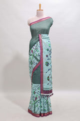 Green checked birds & floral design chanderi cotton saree with contrast border and printed blouse