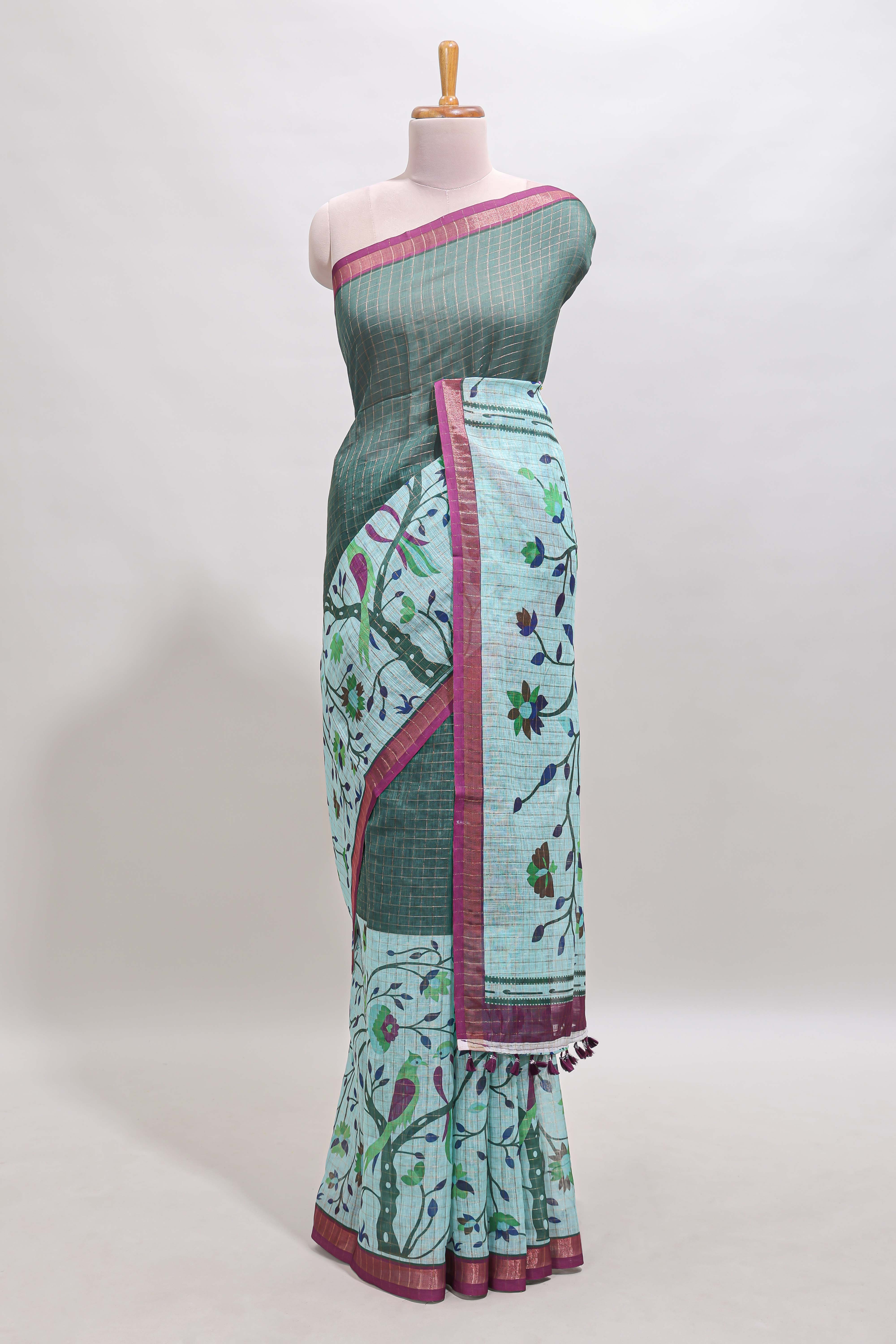Green checked birds & floral design chanderi cotton saree with contrast border and printed blouse
