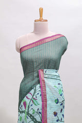 Green checked birds & floral design chanderi cotton saree with contrast border and printed blouse