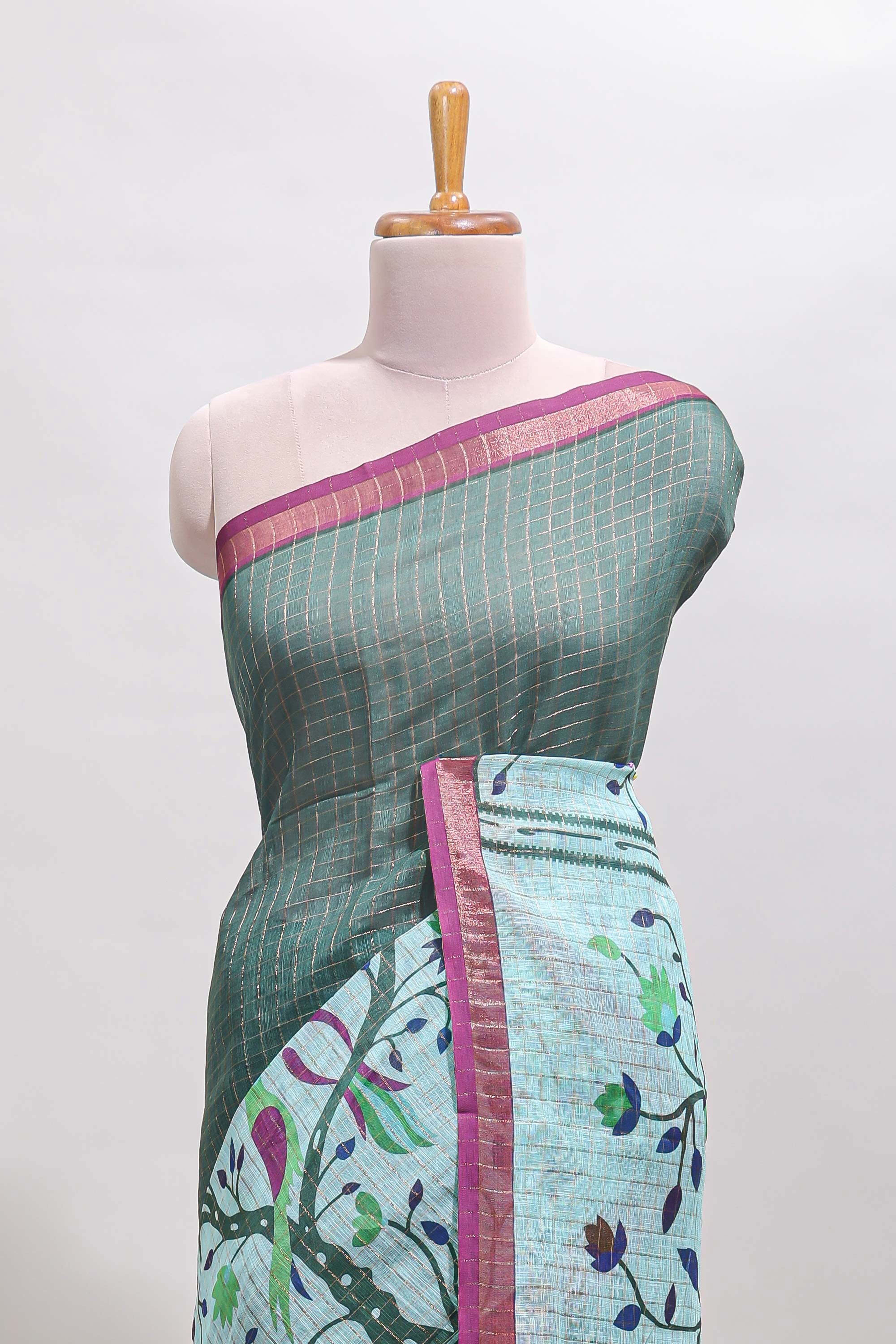 Green checked birds & floral design chanderi cotton saree with contrast border and printed blouse