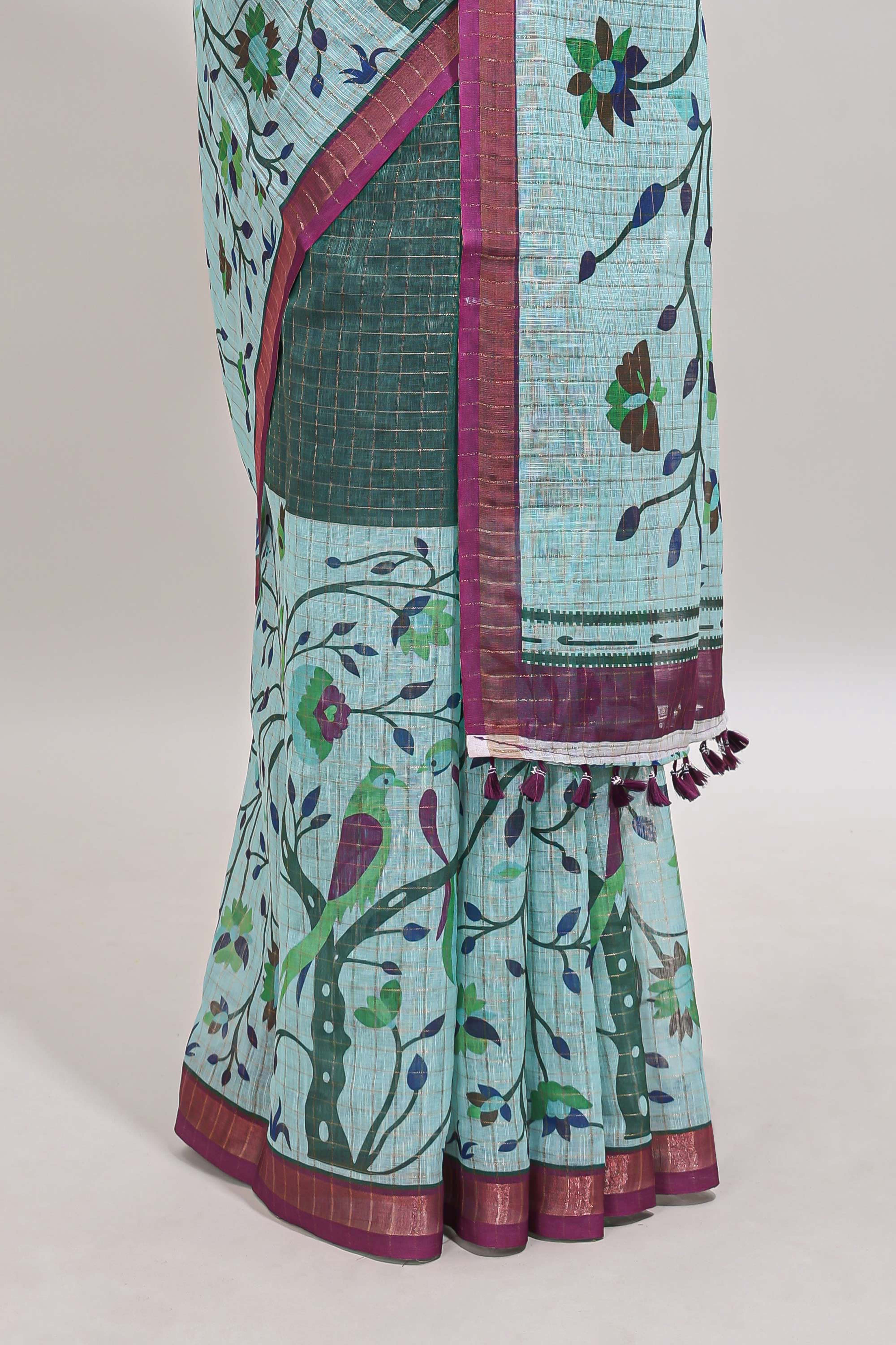 Green checked birds & floral design chanderi cotton saree with contrast border and printed blouse