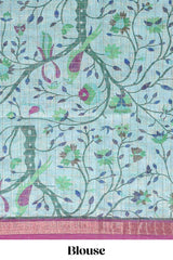 Green checked birds & floral design chanderi cotton saree with contrast border and printed blouse