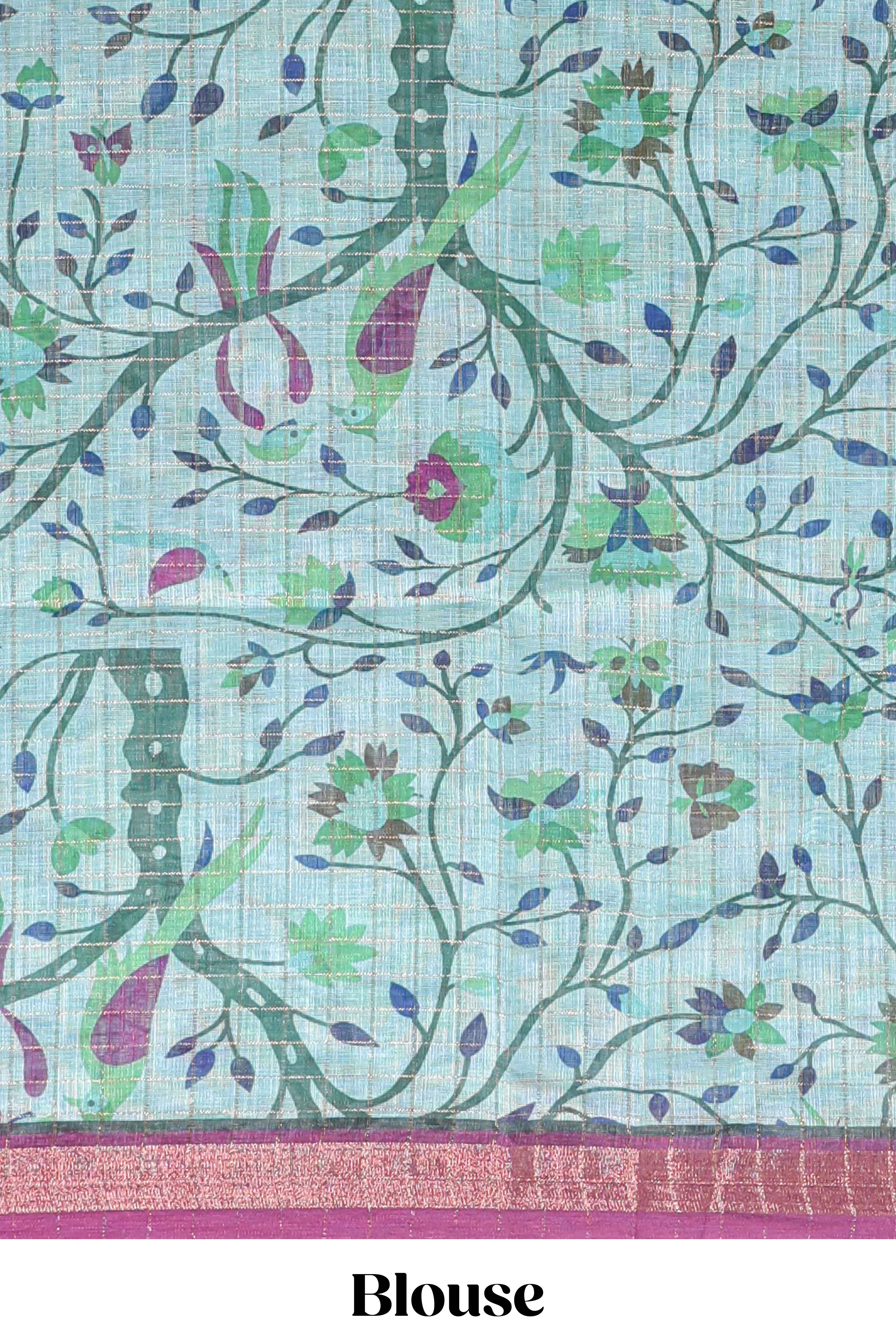 Green checked birds & floral design chanderi cotton saree with contrast border and printed blouse