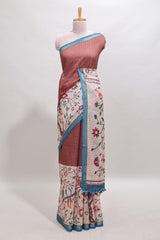 Brick red checked birds & floral design chanderi cotton saree with contrast border and printed blouse