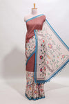 Brick red checked birds & floral design chanderi cotton saree with contrast border and printed blouse