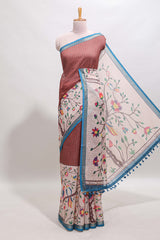 Brick red checked birds & floral design chanderi cotton saree with contrast border and printed blouse