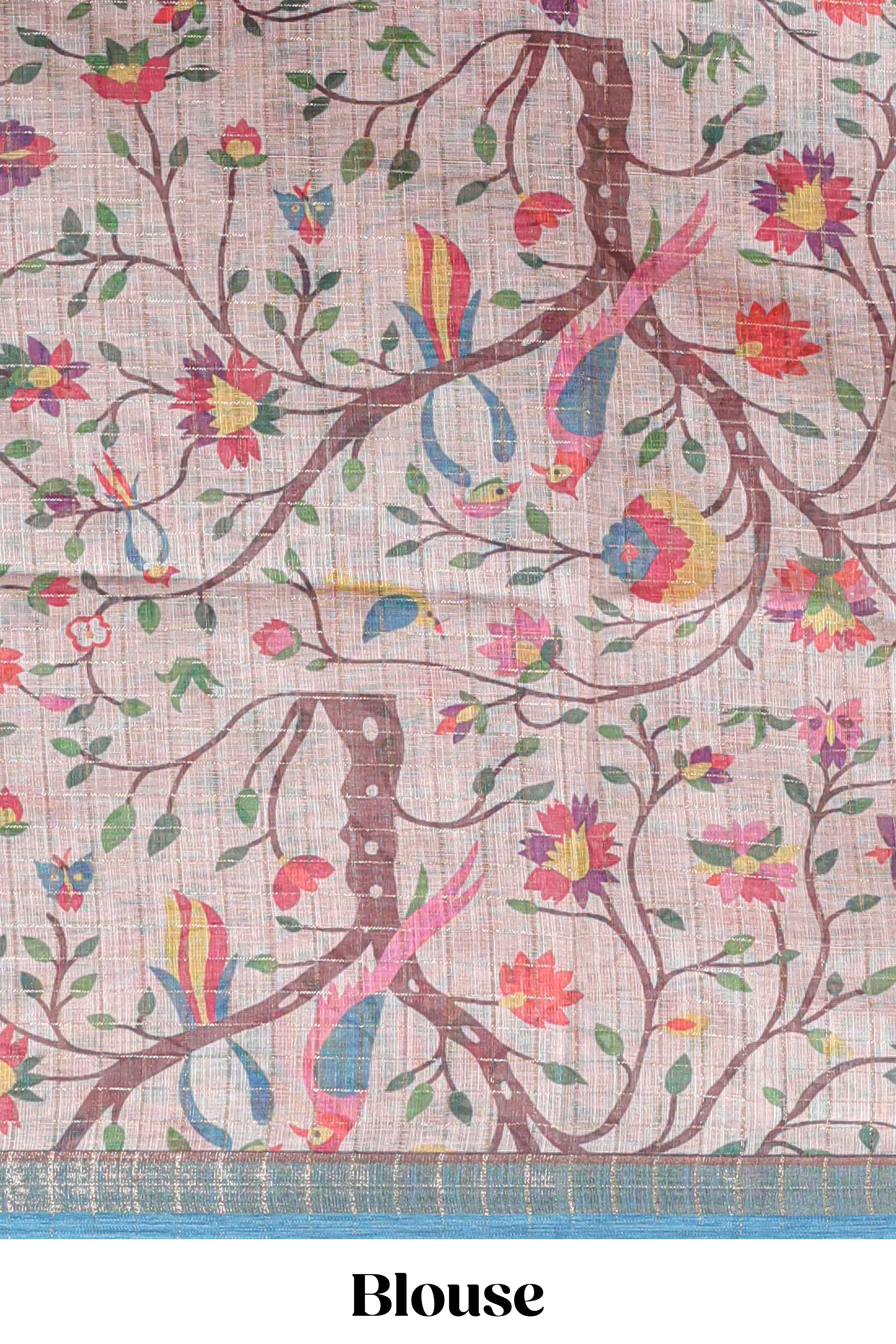 Brick red checked birds & floral design chanderi cotton saree with contrast border and printed blouse