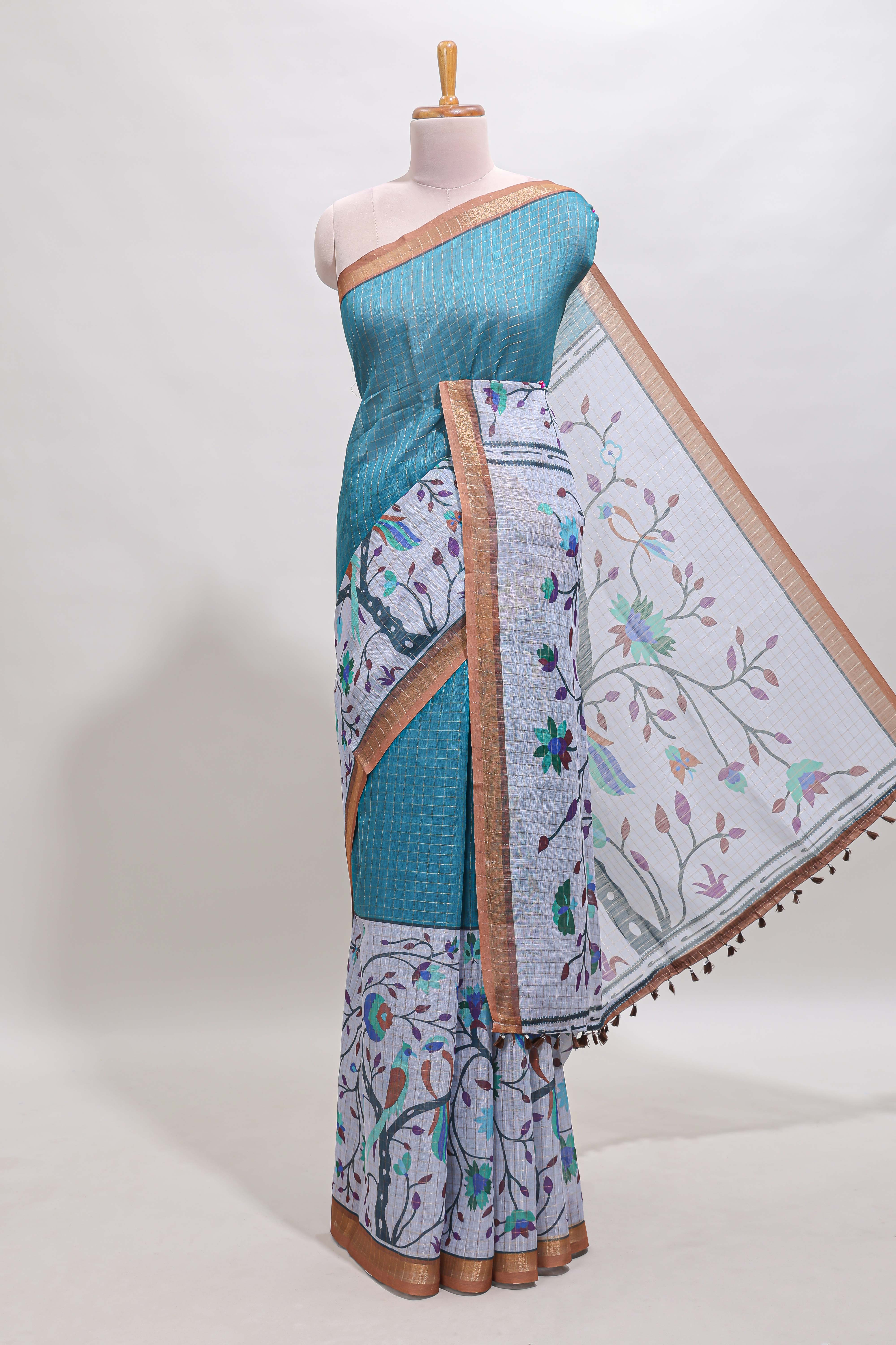 Blue checked birds & floral design chanderi cotton saree with contrast border and printed blouse