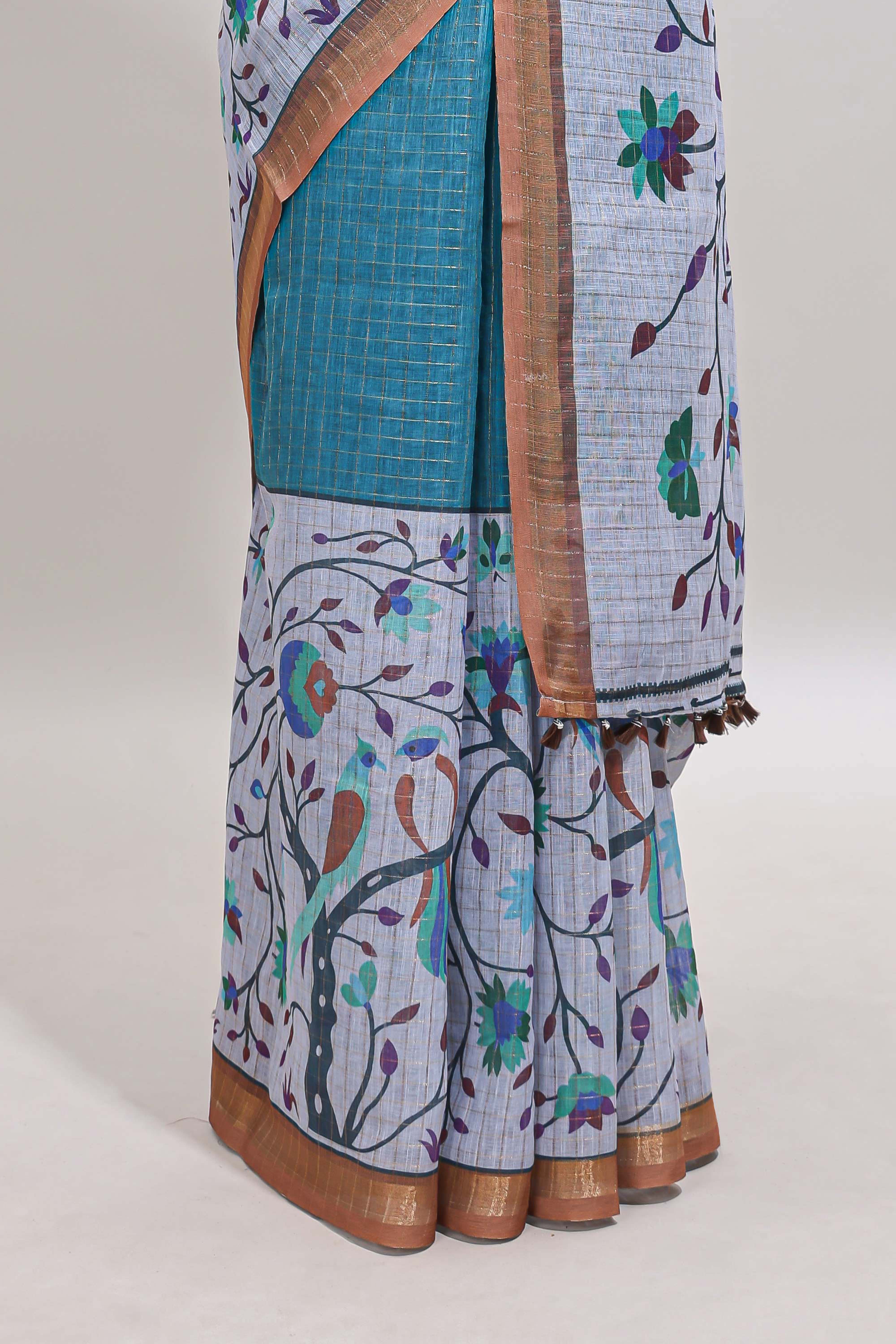 Blue checked birds & floral design chanderi cotton saree with contrast border and printed blouse