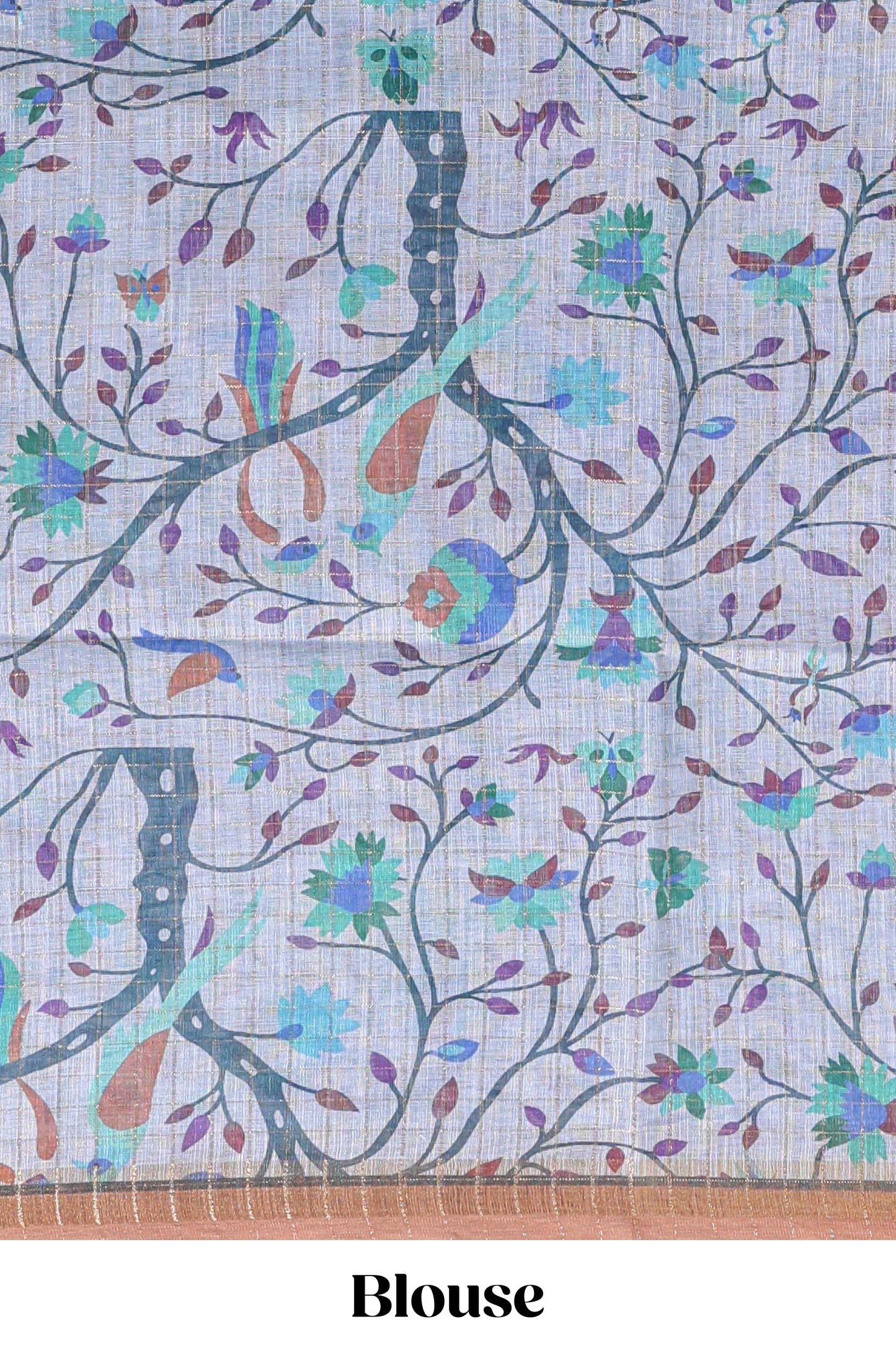 Blue checked birds & floral design chanderi cotton saree with contrast border and printed blouse