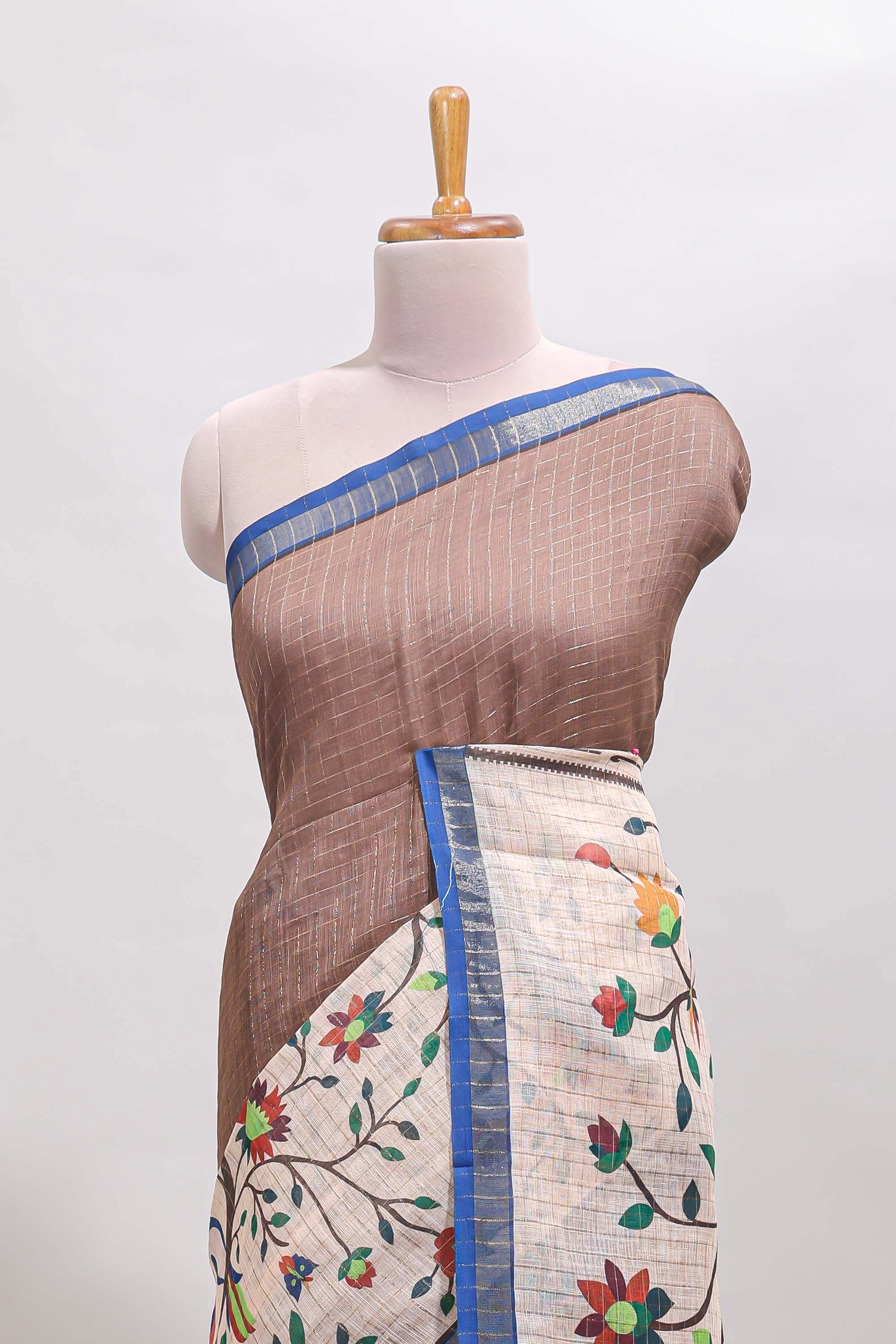 Brown checked birds & floral design chanderi cotton saree with contrast border and printed blouse