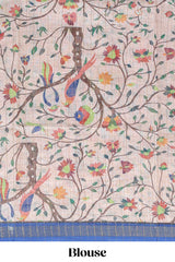 Brown checked birds & floral design chanderi cotton saree with contrast border and printed blouse