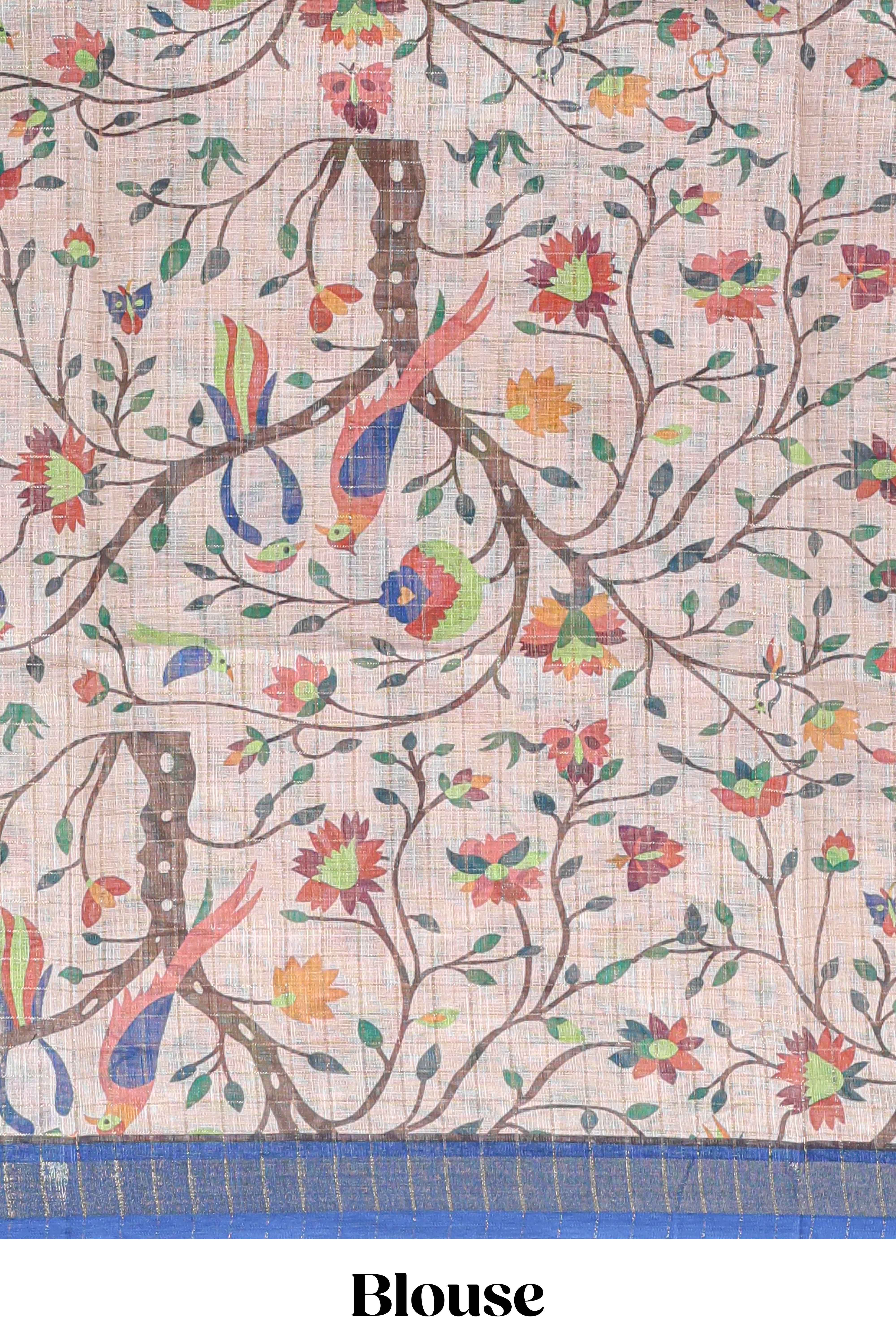 Brown checked birds & floral design chanderi cotton saree with contrast border and printed blouse