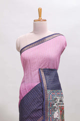 Pink & dark blue dual shade checked chanderi cotton saree with self zari border and printed pallu