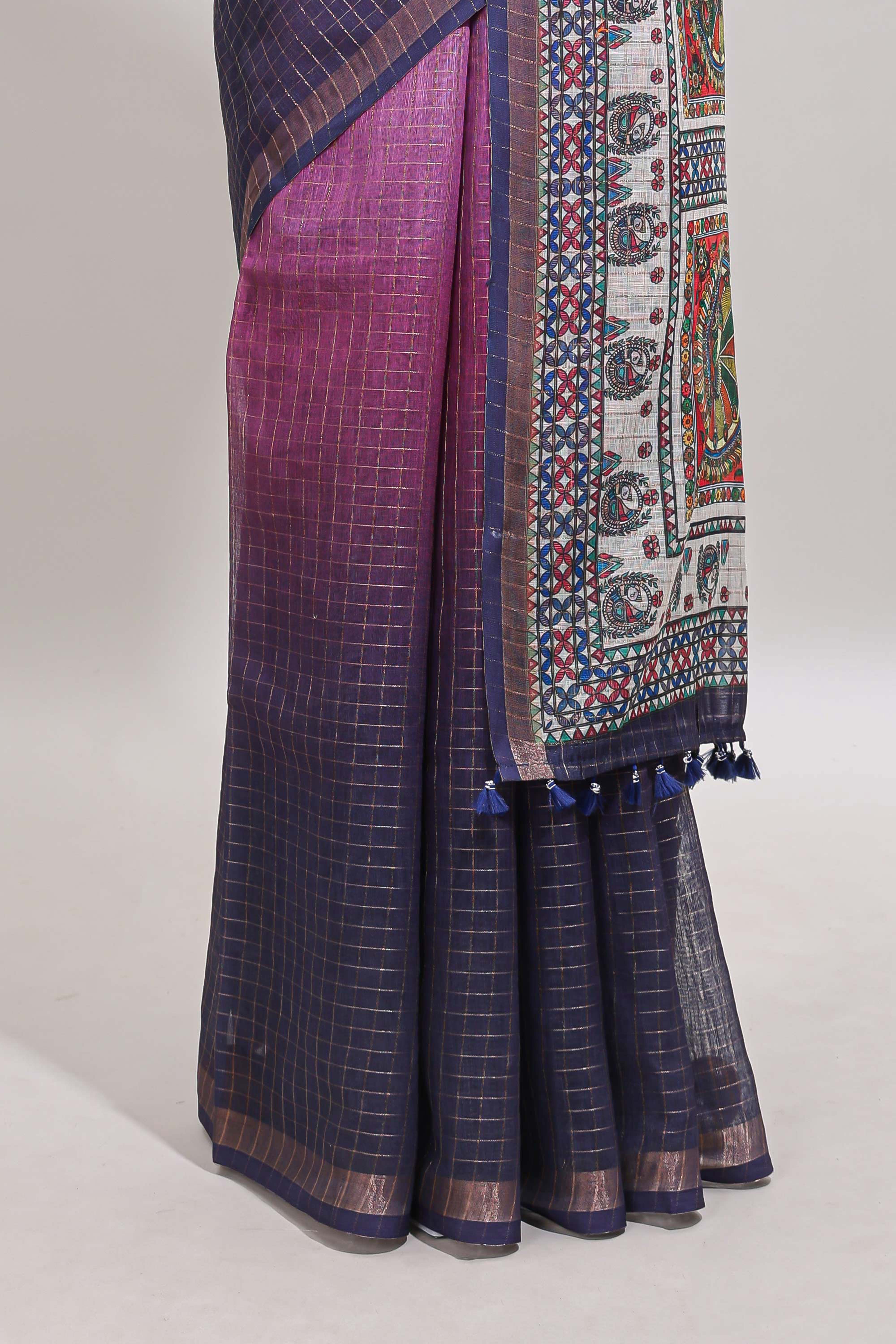 Pink & dark blue dual shade checked chanderi cotton saree with self zari border and printed pallu
