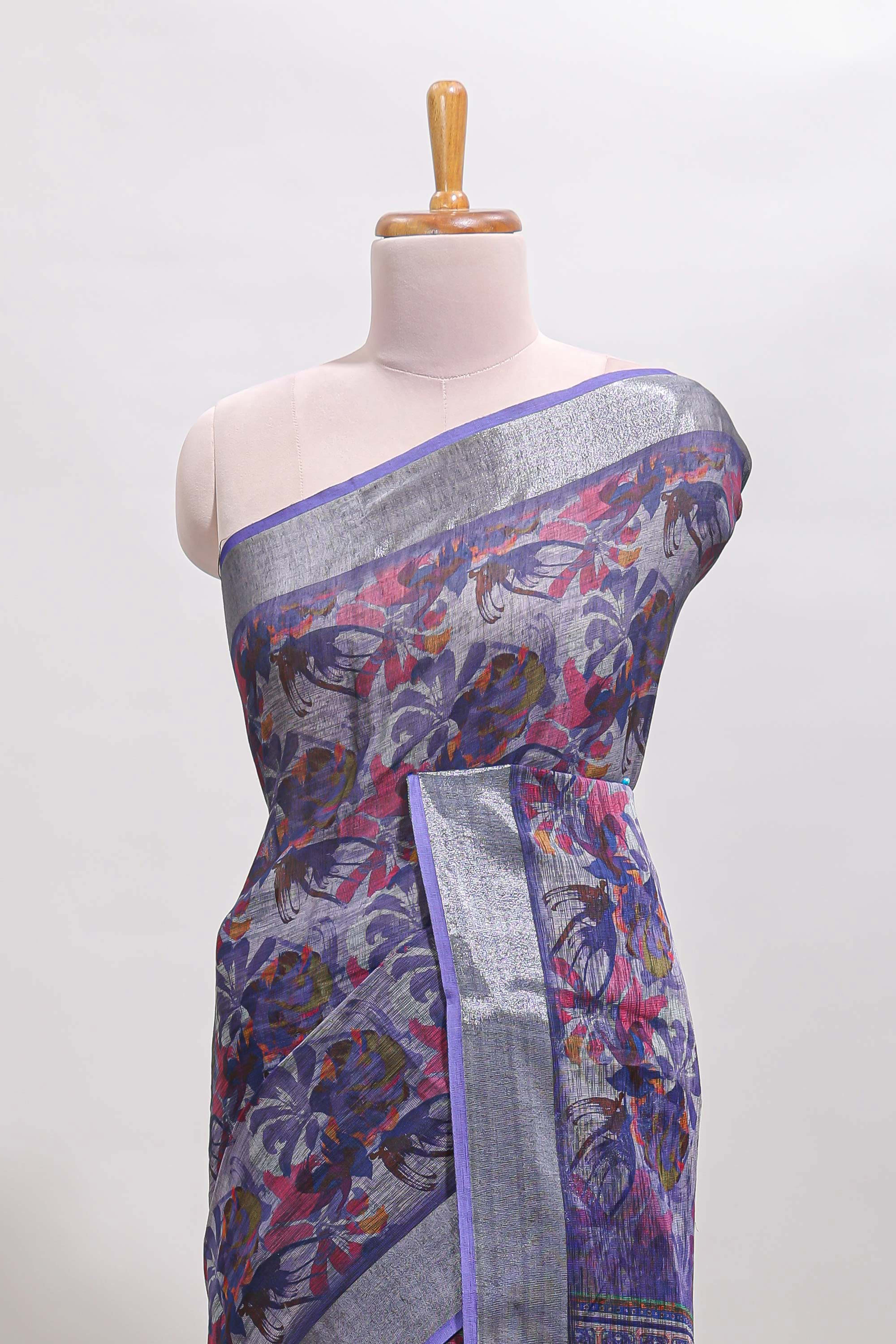 Lavender floral design chanderi cotton saree with contrast zari border and matching blouse