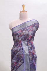 Lavender floral design chanderi cotton saree with contrast zari border and matching blouse