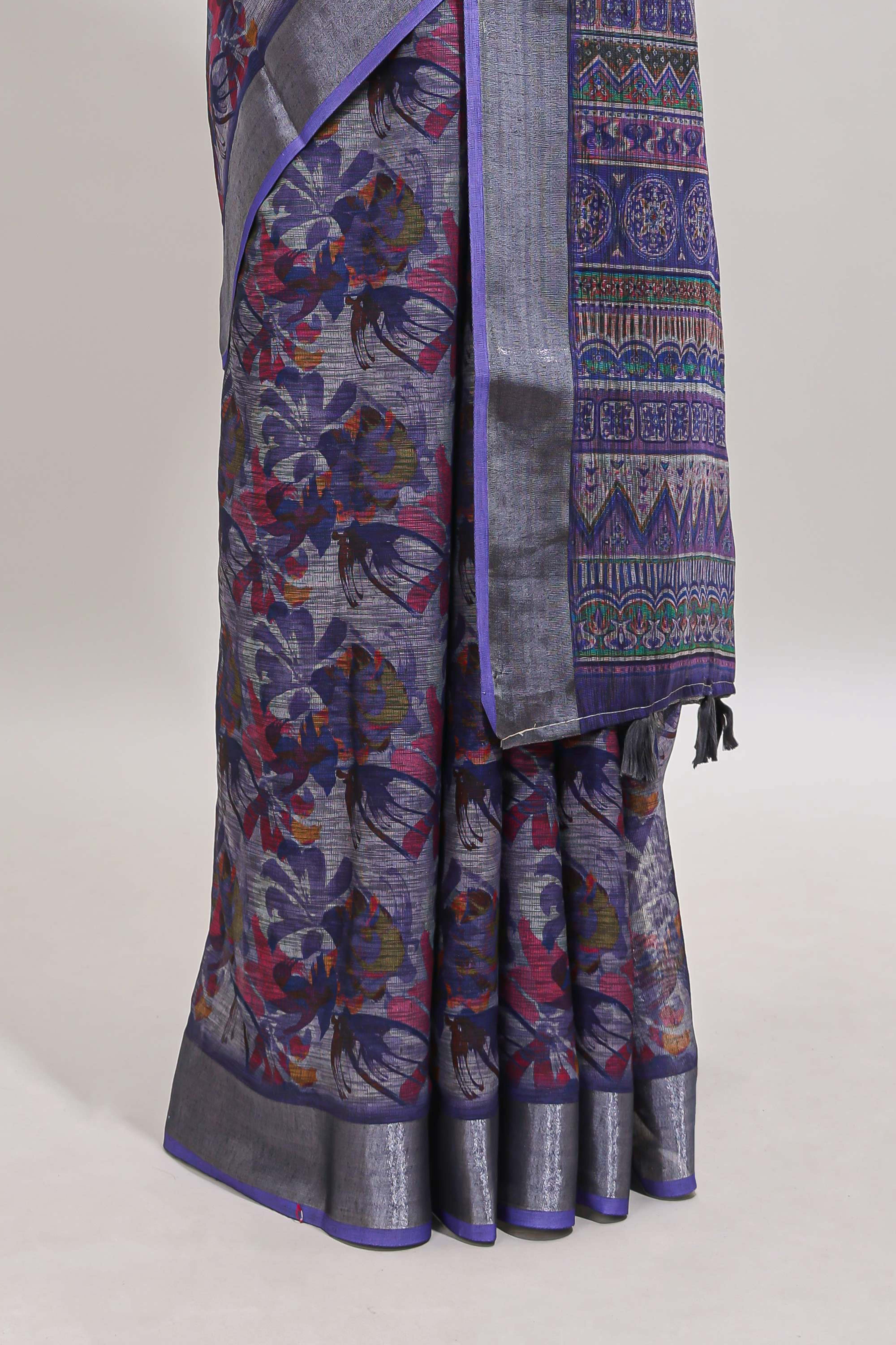 Lavender floral design chanderi cotton saree with contrast zari border and matching blouse