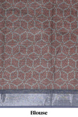 Dark sea green geometric design chanderi cotton saree with contrast zari border and printed blouse