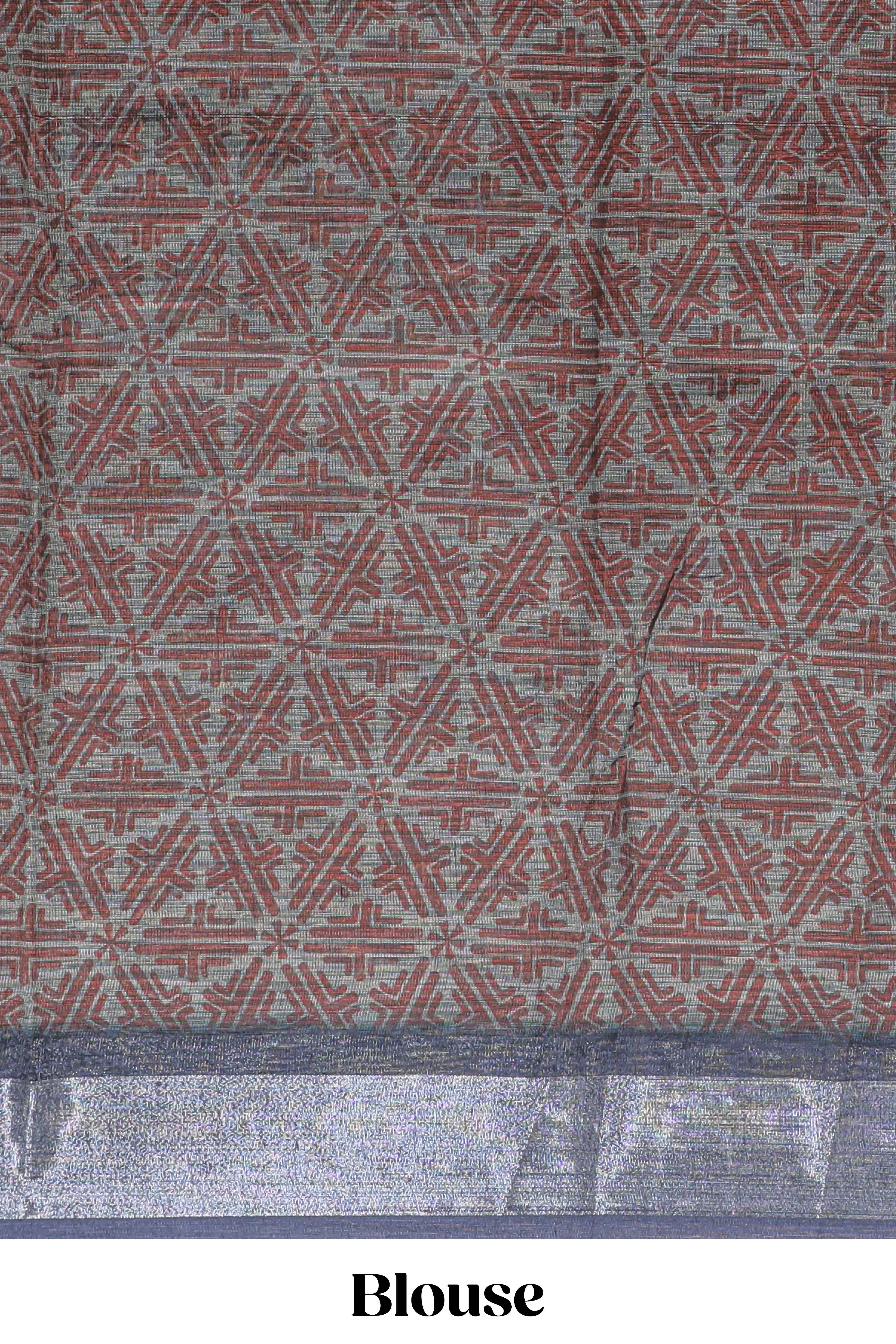 Dark sea green geometric design chanderi cotton saree with contrast zari border and printed blouse