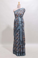 Grey geometric design chanderi cotton saree with contrast zari border and printed blouse